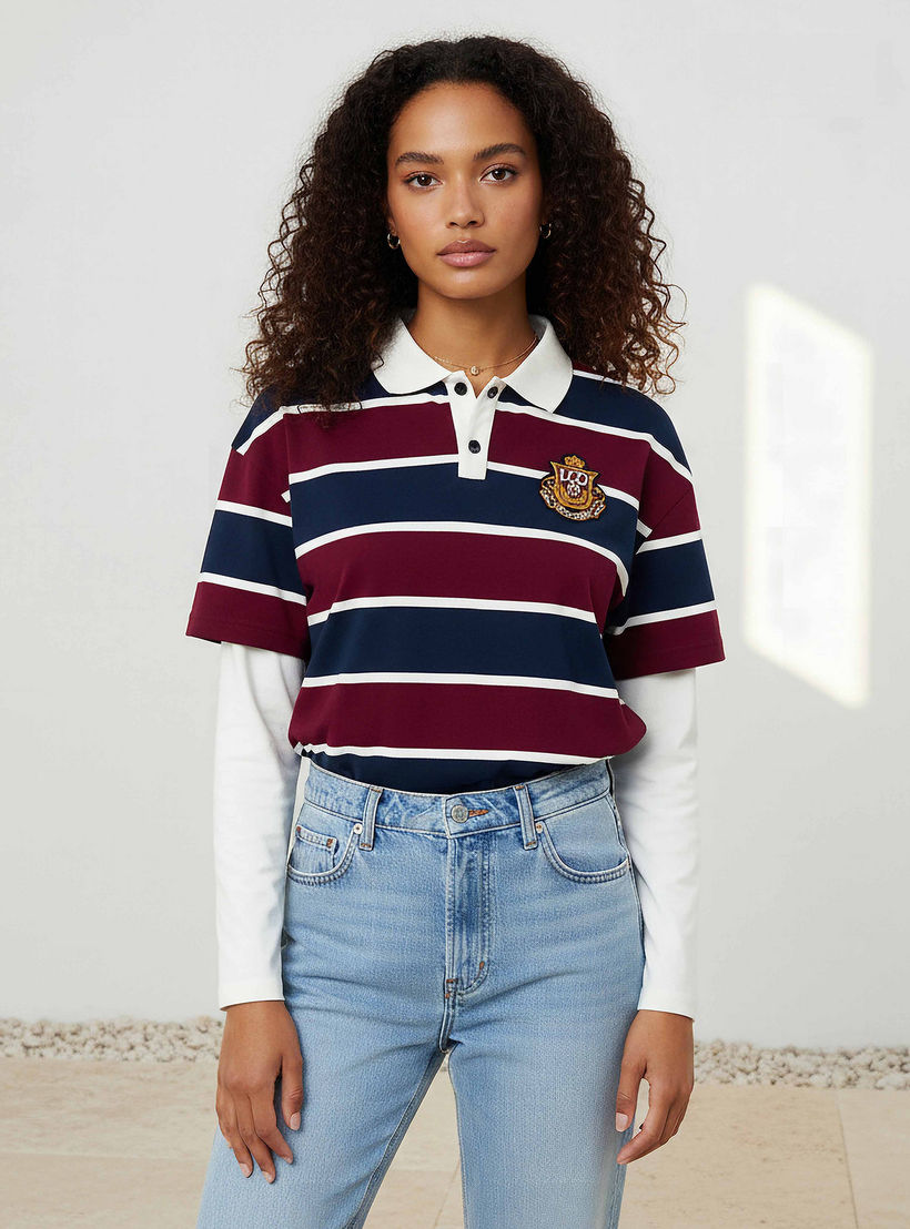 تيشيرت بولو مخطط بقصة عادية قطن من لي كوبر-women-clothing-tshirts-image-1