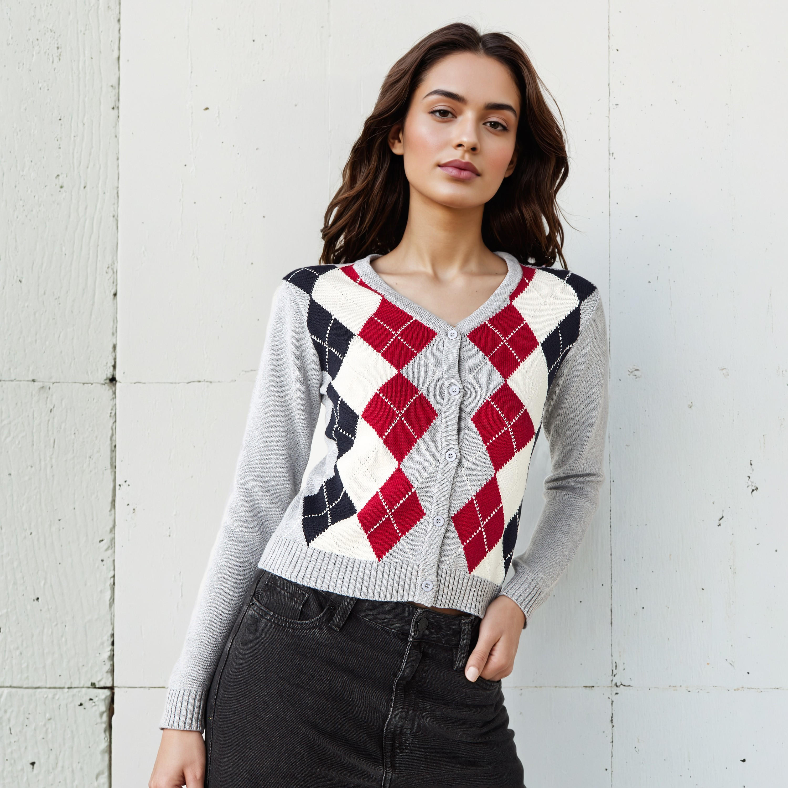 كارديجان بطبعات أرجيل وياقة حرف V وأكمام طويلة من لي كوبر-women-winterwear-cardigansandjumpers-cardigans-image-1