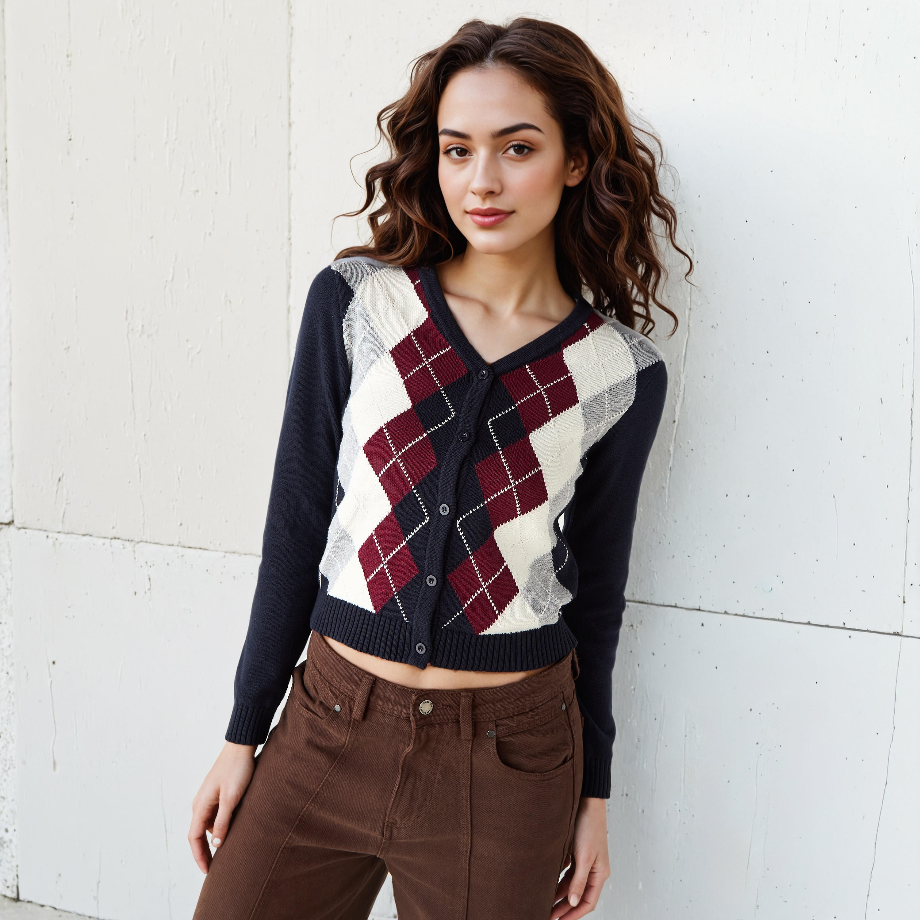 Lee Cooper Argyle Print Cardigan with V-neck and Long Sleeves-women-winterwear-cardigansandjumpers-cardigans-image-1