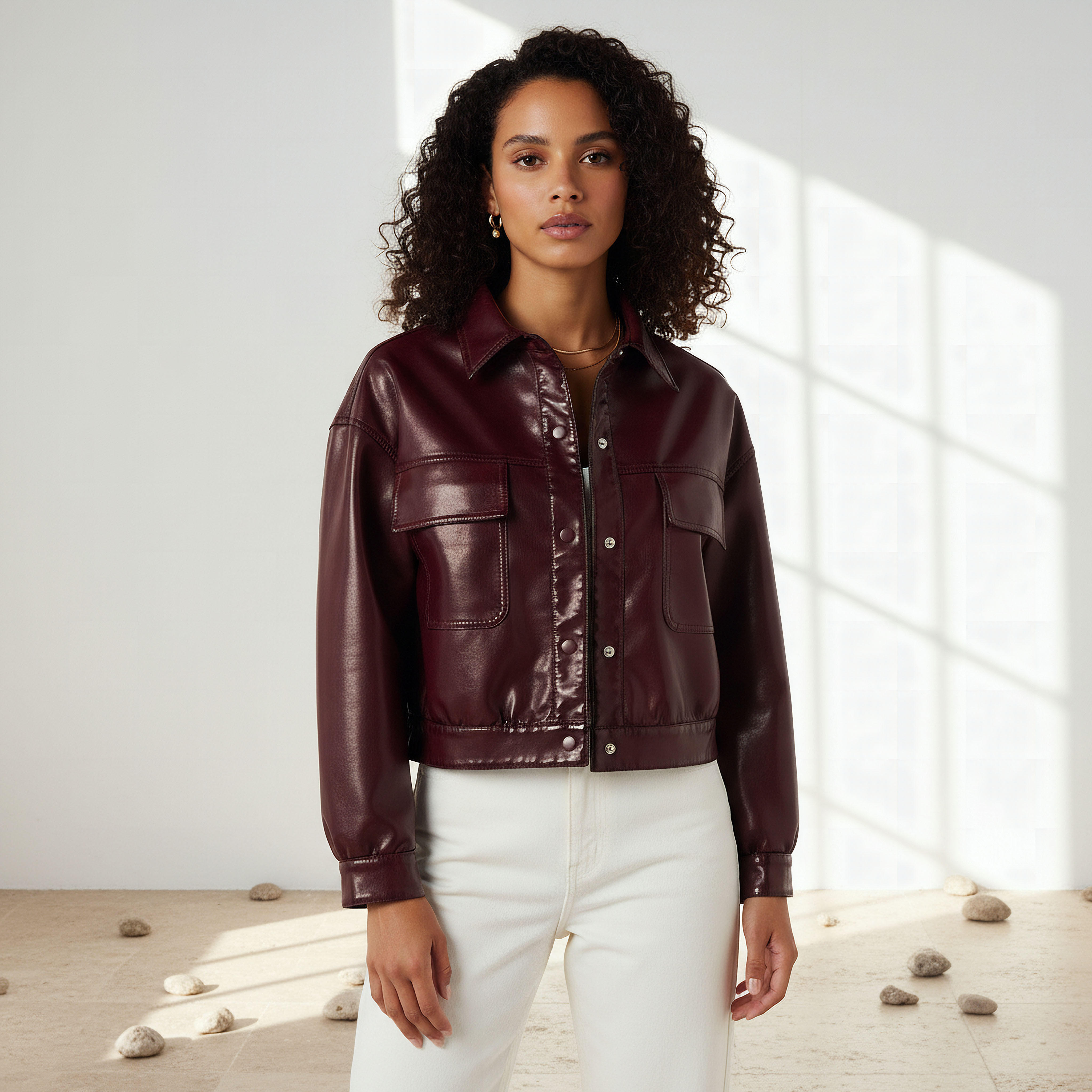 Lee Cooper PU Trucker Jacket with Flap Pockets-women-winterwear-coatsandjackets-jackets-image-1