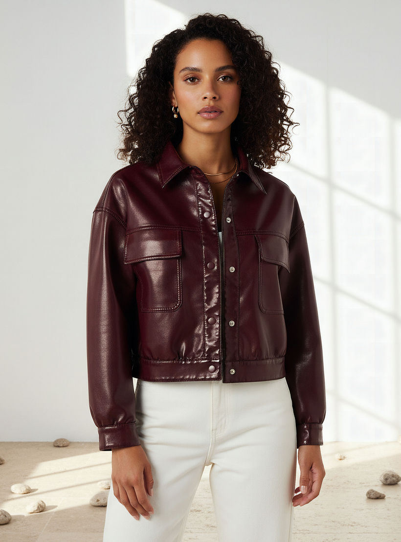 Lee Cooper PU Trucker Jacket with Flap Pockets-women-winterwear-coatsandjackets-jackets-image-1