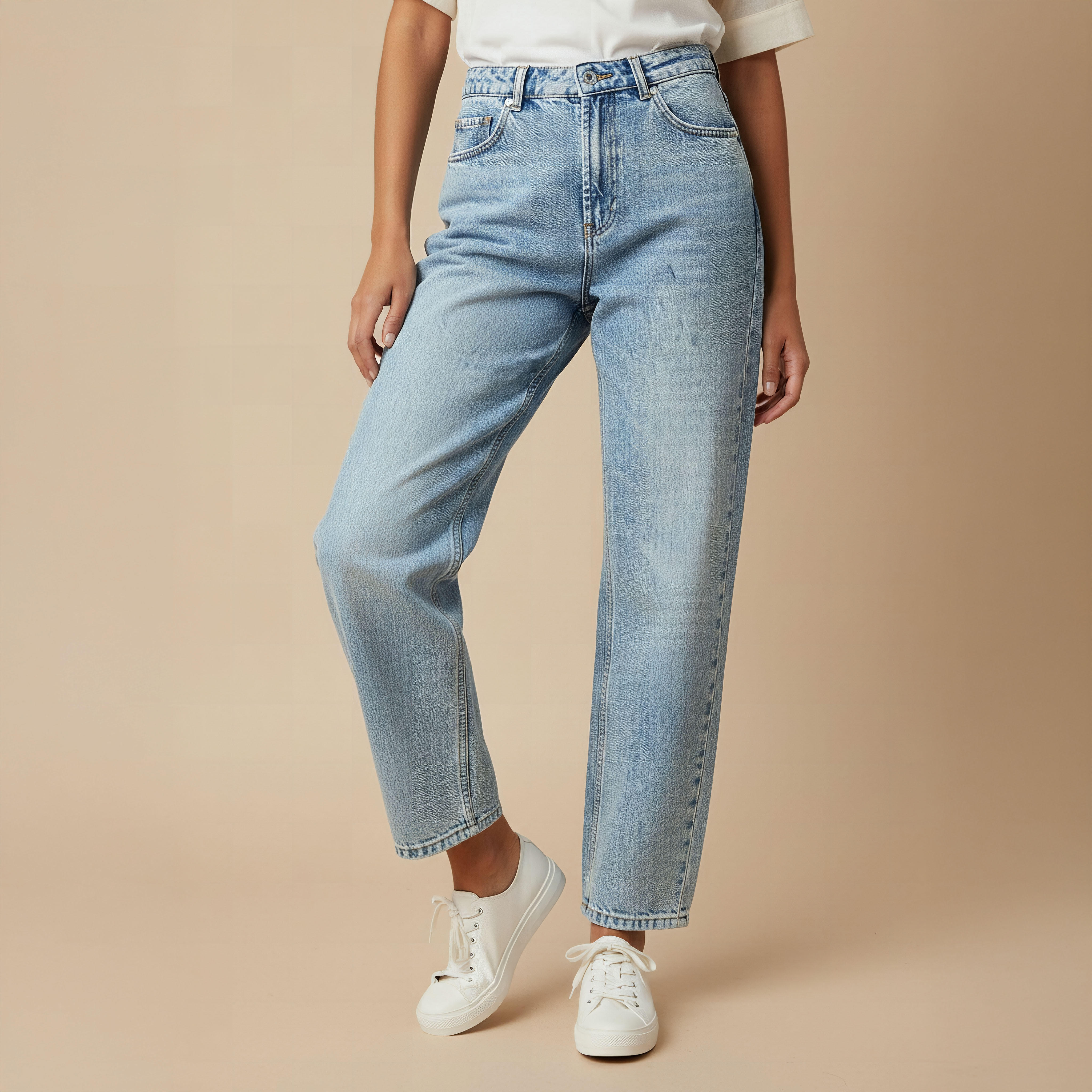 بنطلون جينز قطن بقصة عادية وخصر مرتفع وجيوب من لي كوبر-women-clothing-bottoms-jeans-image-1