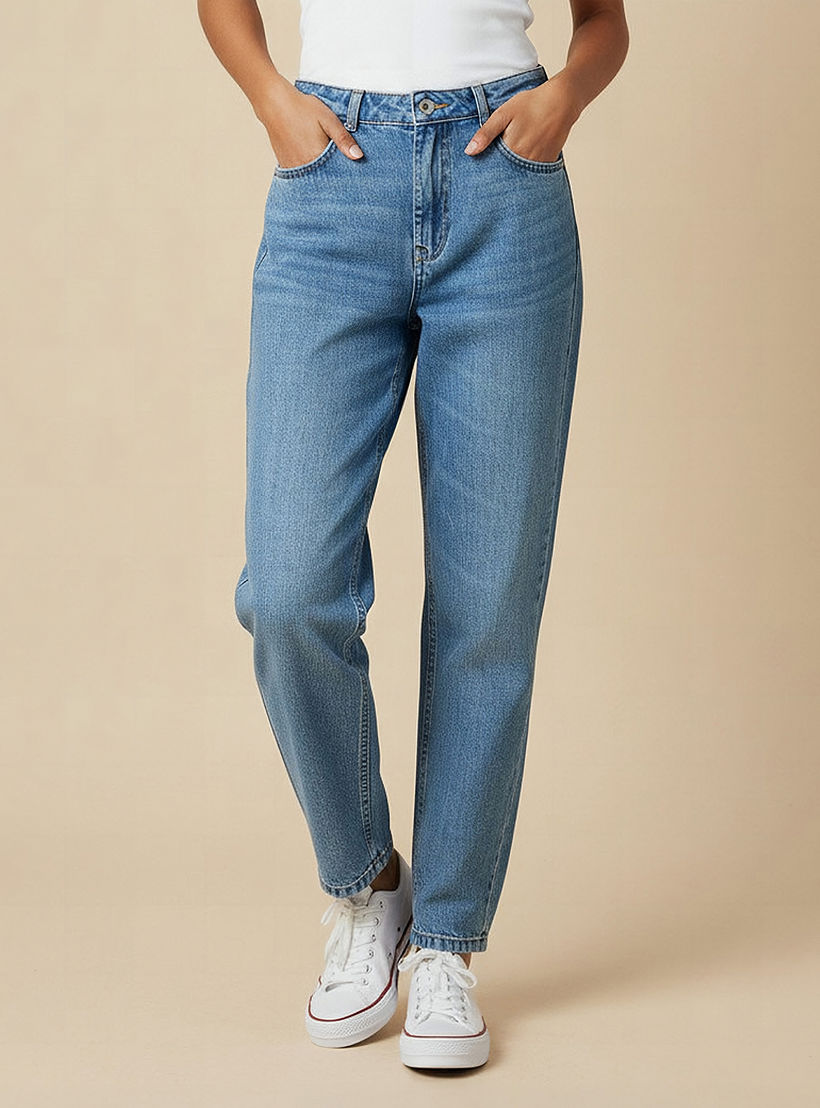 بنطلون جينز قطن بقصة عادية وخصر مرتفع وجيوب من لي كوبر-women-clothing-bottoms-jeans-image-1