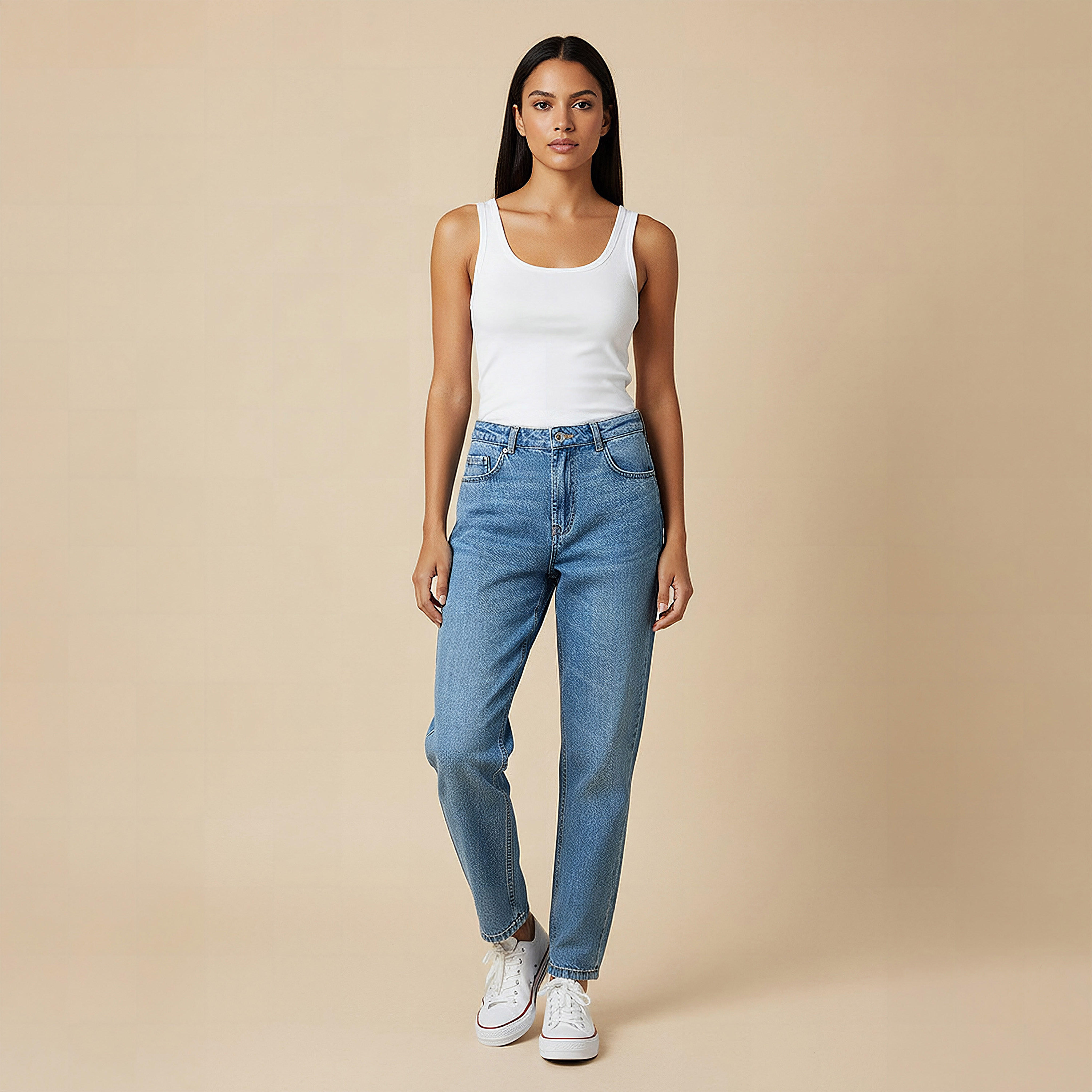 بنطلون جينز قطن بقصة عادية وخصر مرتفع وجيوب من لي كوبر-women-clothing-bottoms-jeans-image-2