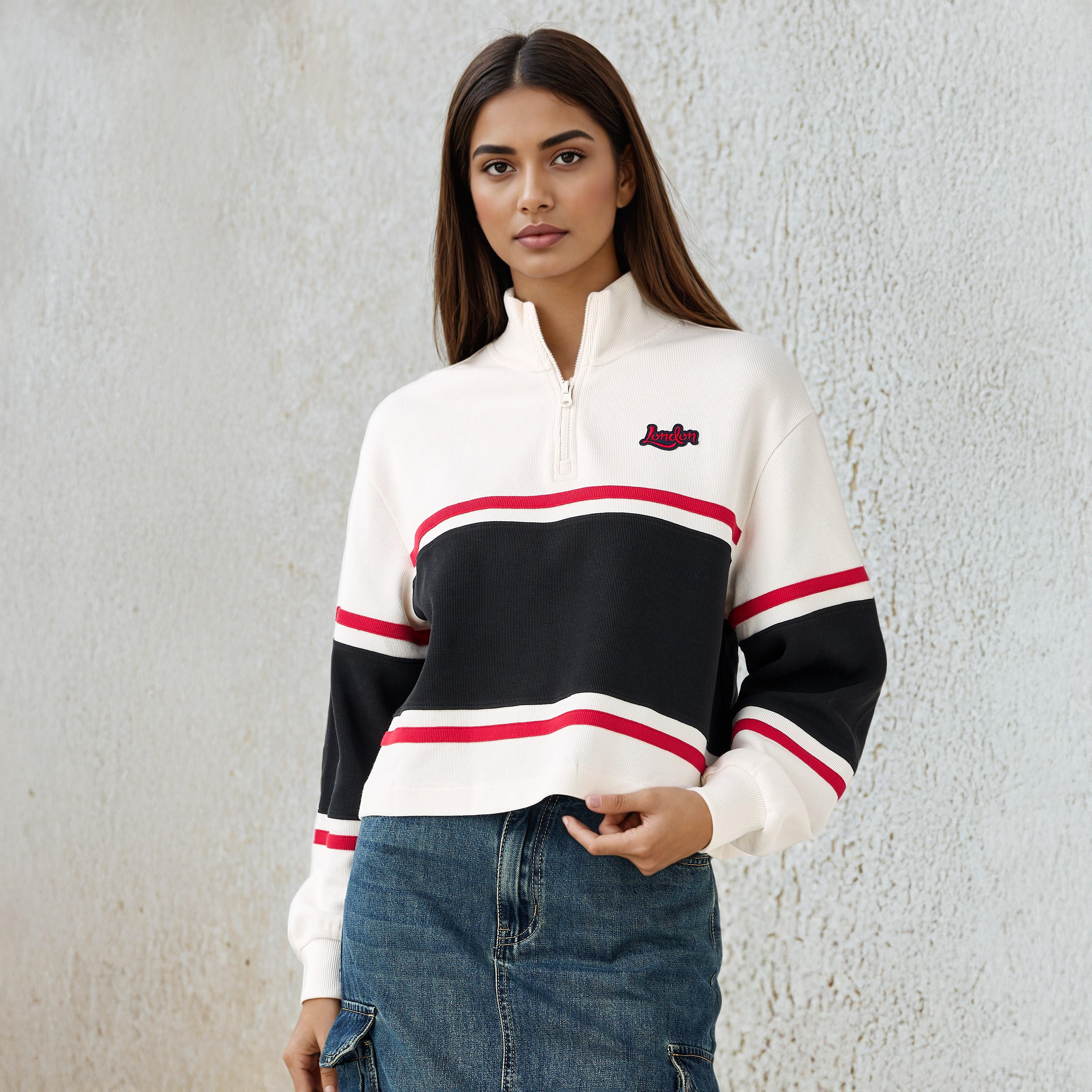 سويت شيرت مقلم بياقة عالية من لي كوبر-women-winterwear-hoodiesandsweatshirts-sweatshirts-image-5