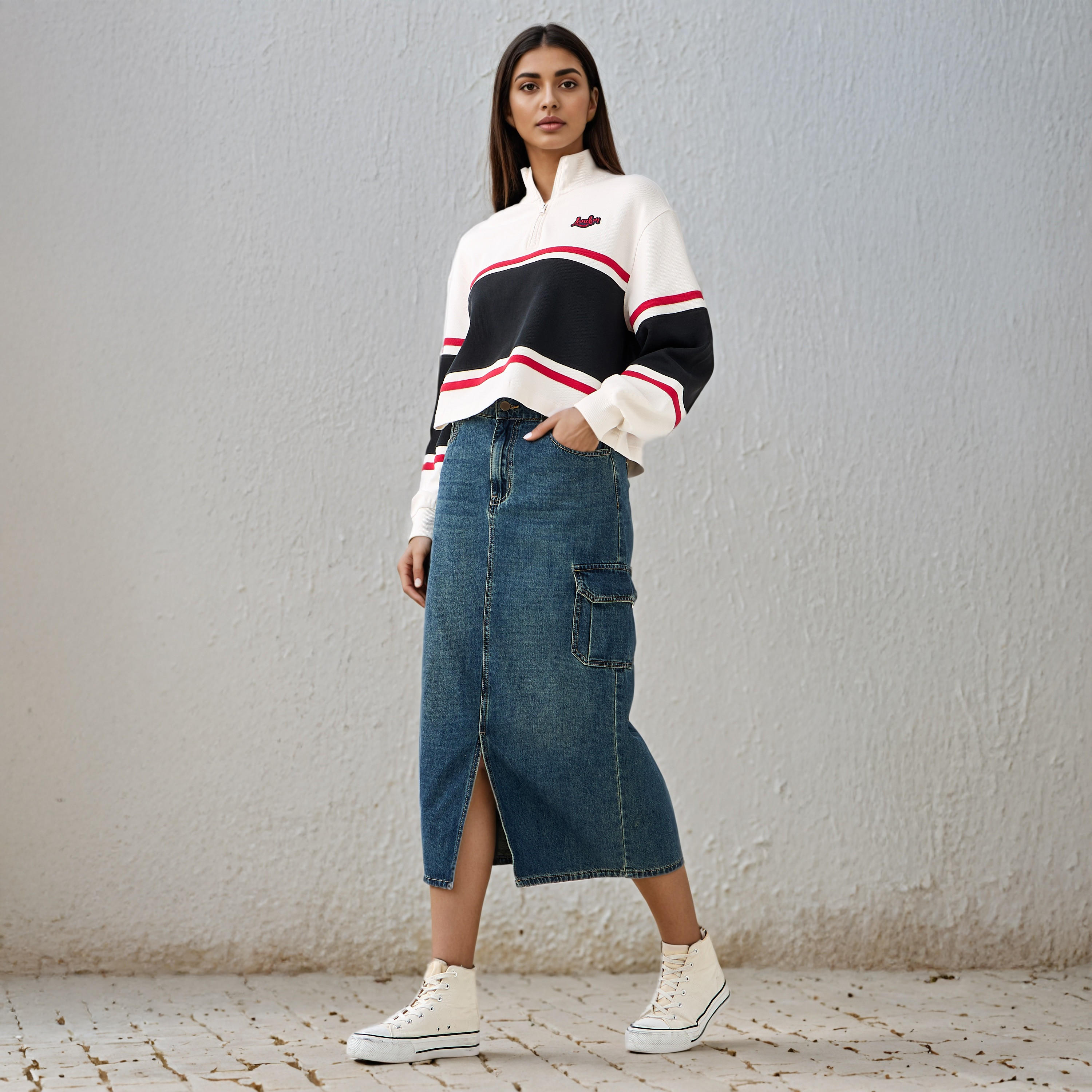 سويت شيرت مقلم بياقة عالية من لي كوبر-women-winterwear-hoodiesandsweatshirts-sweatshirts-image-4