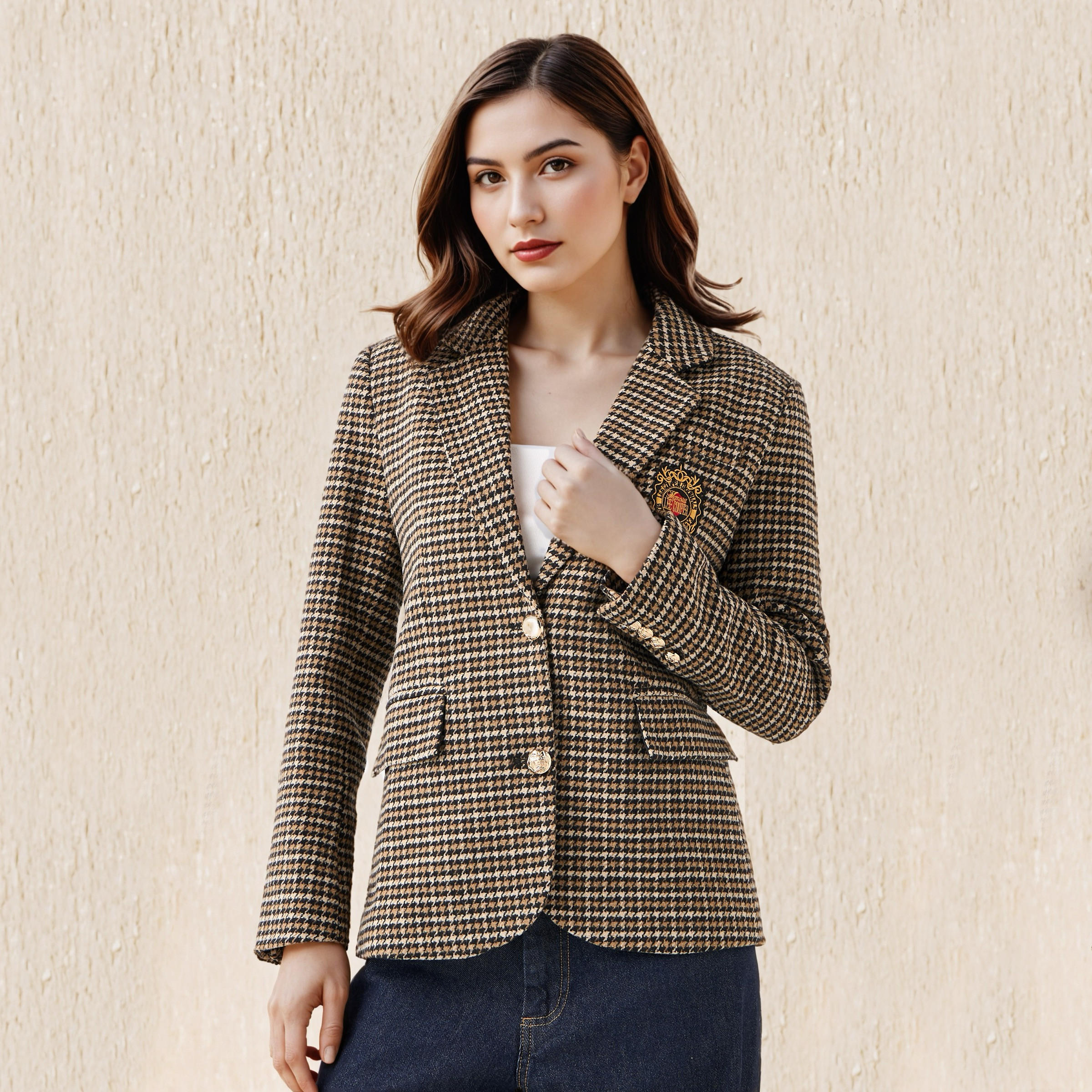 Lee Cooper Cotton Tuxedo Jacket with Houndstooth Texture-women-winterwear-coatsandjackets-jackets-image-1