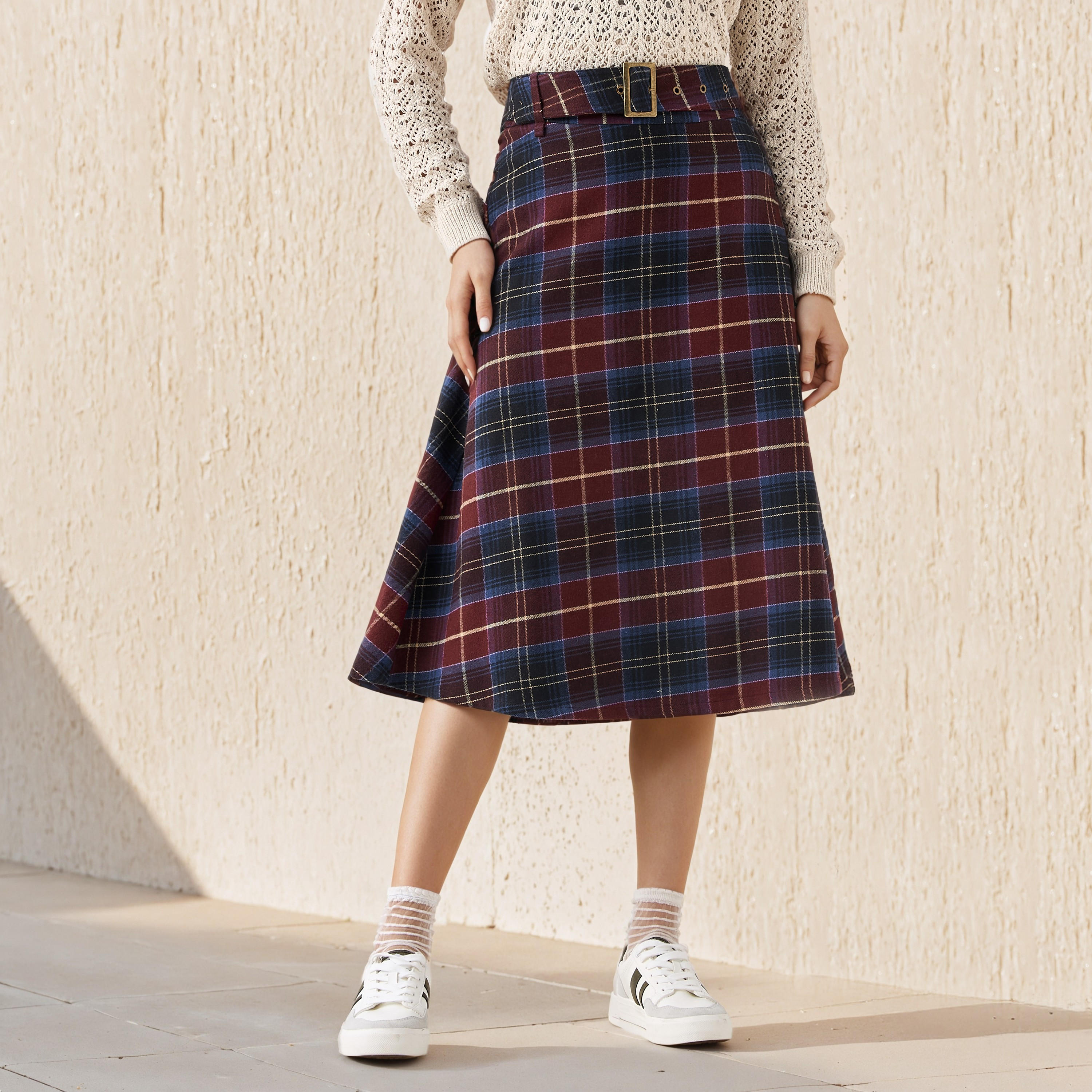 تنورة إيه لاين ميدي قطن بحزام من لي كوبر-women-clothing-bottoms-skirts-image-1