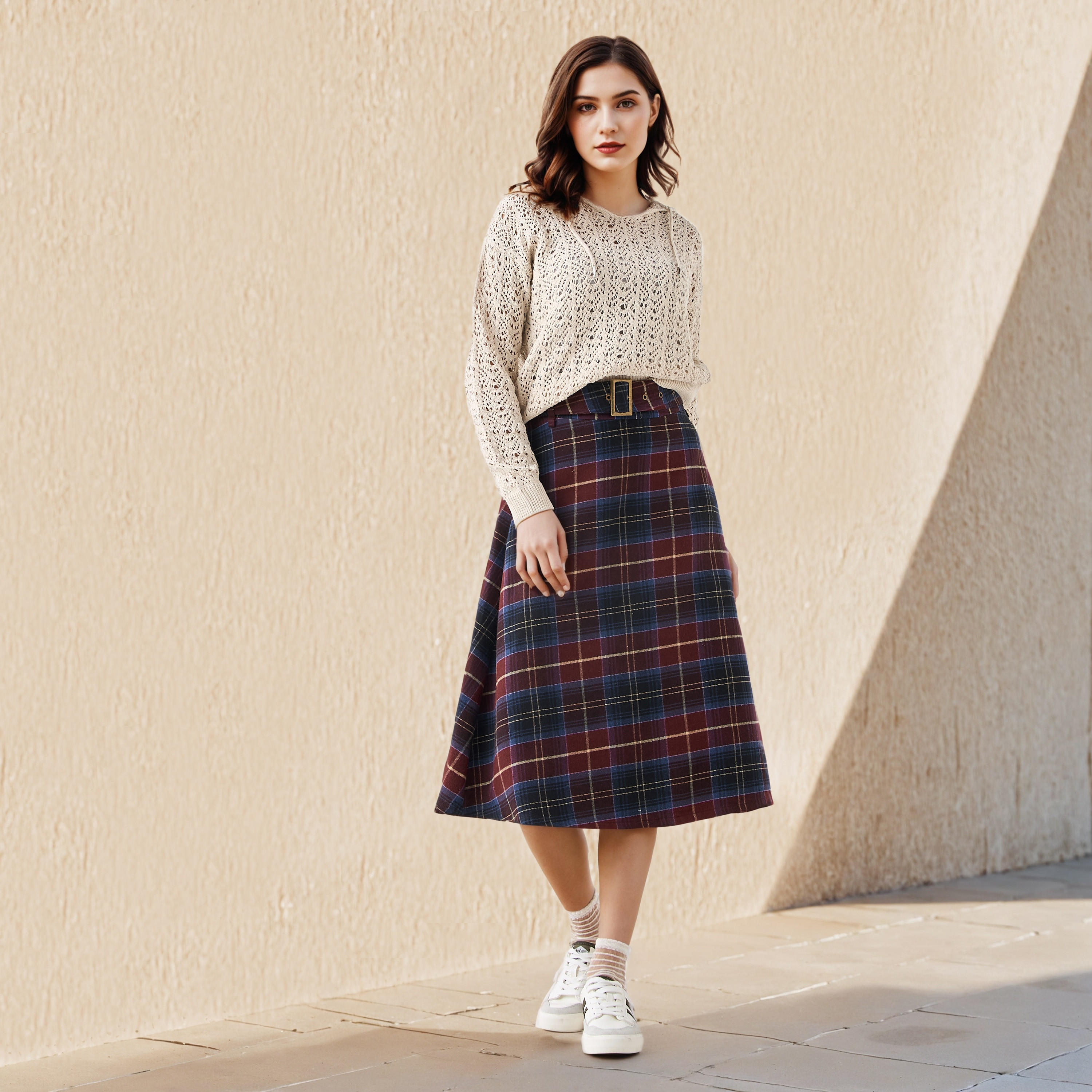 تنورة إيه لاين ميدي قطن بحزام من لي كوبر-women-clothing-bottoms-skirts-image-2
