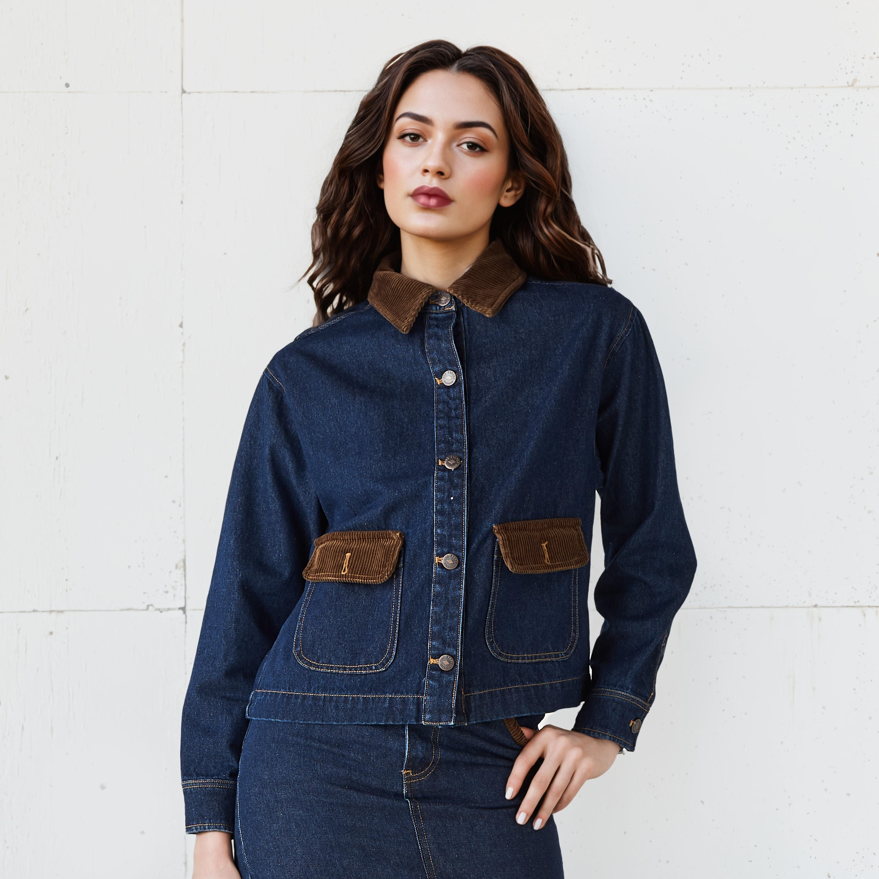 Lee Cooper Regular Fit Corduroy Collar Denim Jacket-women-winterwear-coatsandjackets-jackets-image-3