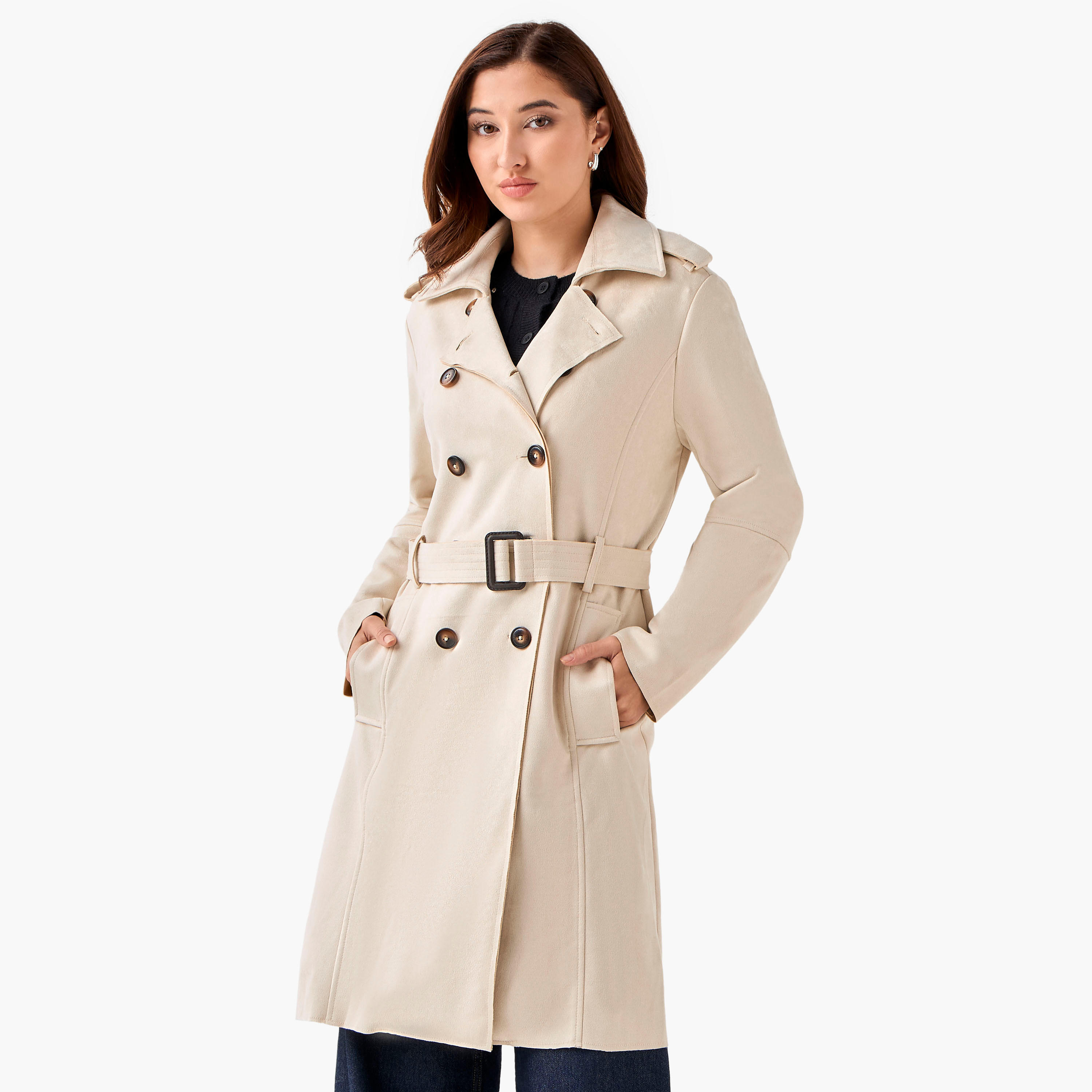 جاكيت ترانش جلد سويدي بحزام بقصّة عادية من لي كوبر-women-clothing-coatsandjackets-coats-image-1