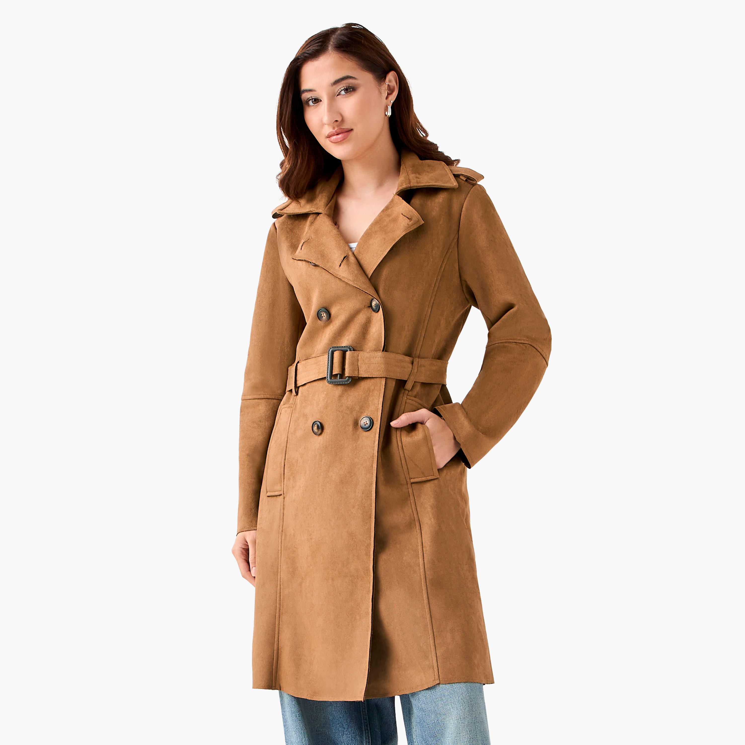 جاكيت ترانش جلد سويدي بحزام بقصّة عادية من لي كوبر-women-clothing-coatsandjackets-coats-image-6