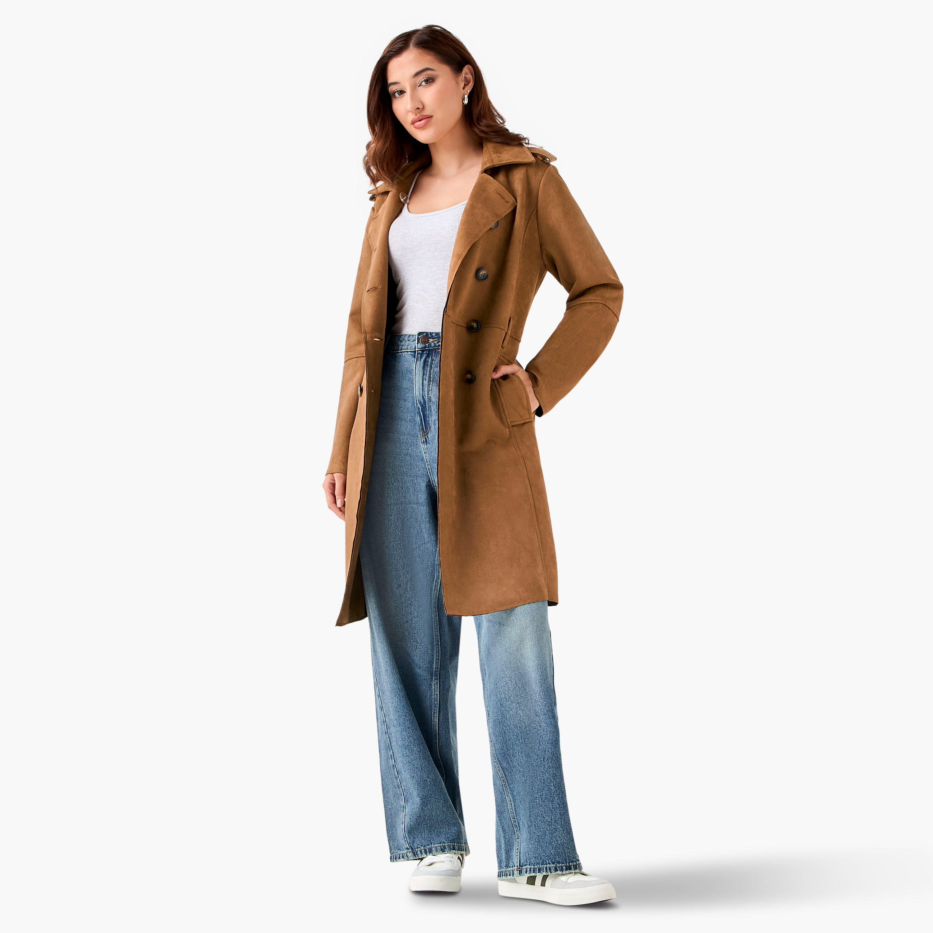 جاكيت ترانش جلد سويدي بحزام بقصّة عادية من لي كوبر-women-clothing-coatsandjackets-coats-image-1