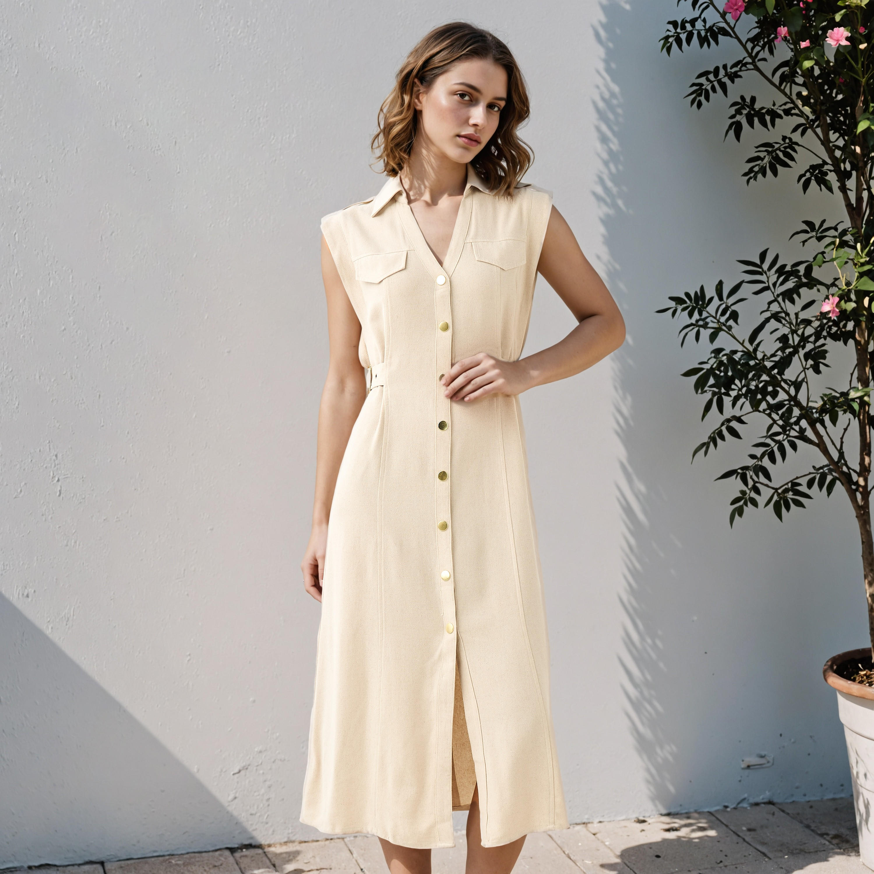 Lee Cooper Sleeveless Belted Linen Blend Shirt Dress-women-clothing-dresses-image-1