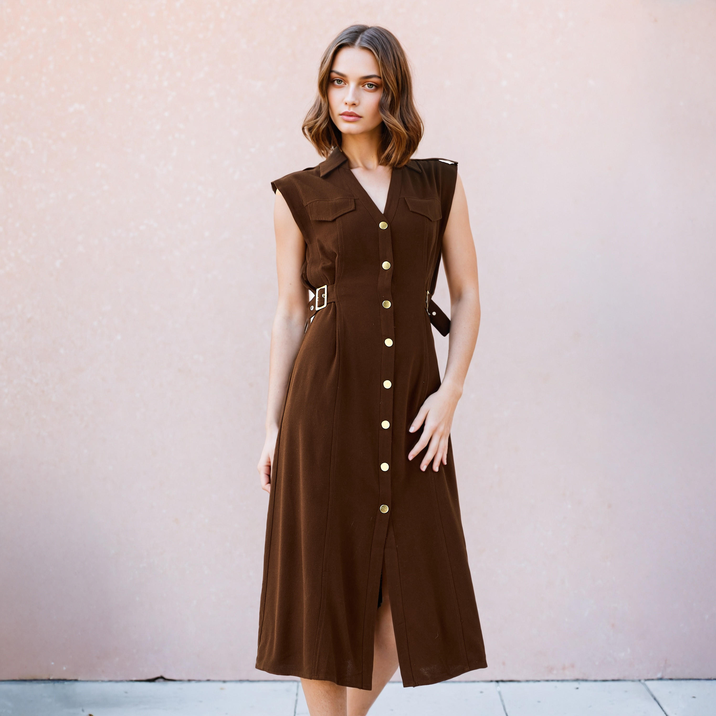 Lee Cooper Sleeveless Belted Linen Blend Shirt Dress-women-clothing-dresses-image-1
