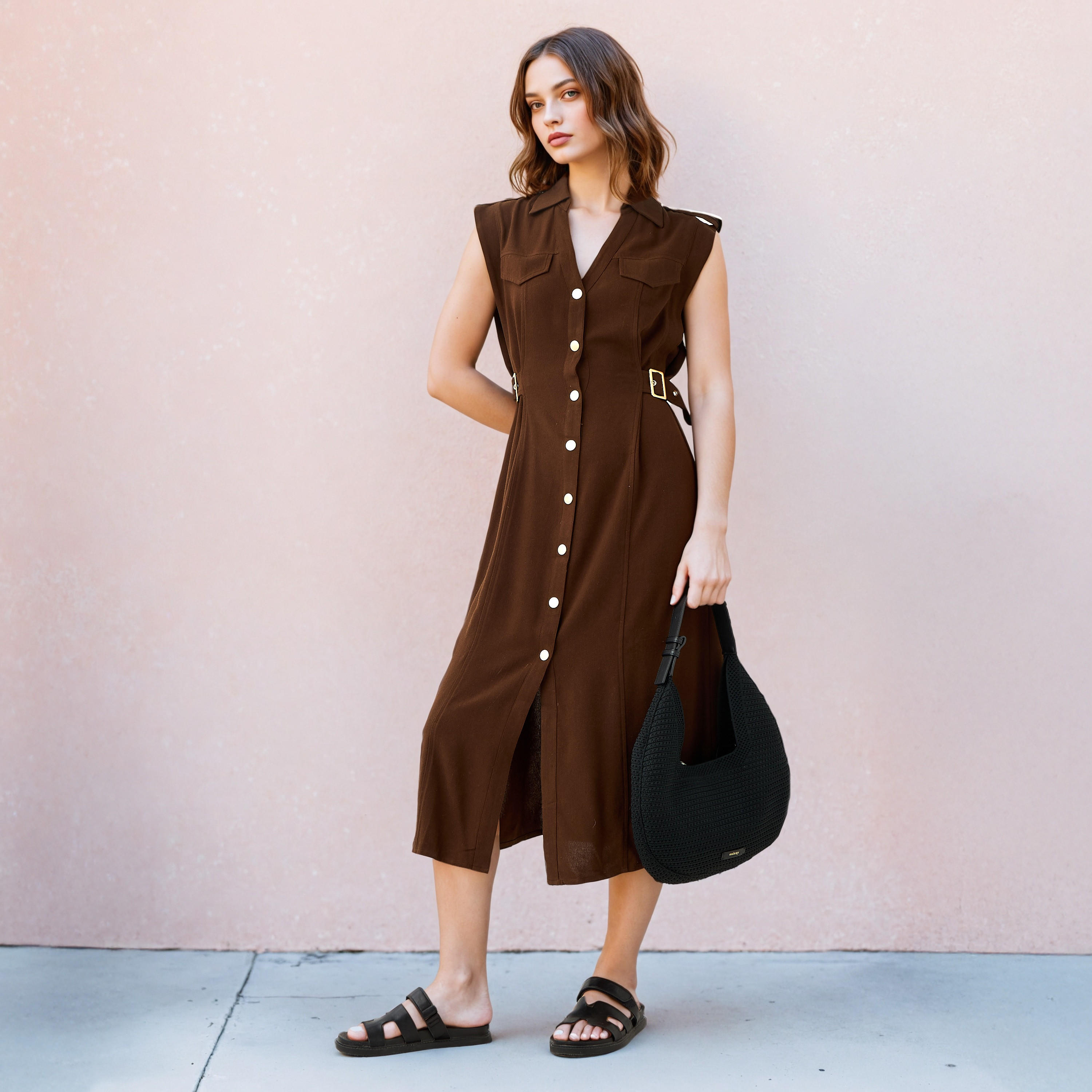 Lee Cooper Sleeveless Belted Linen Blend Shirt Dress-women-clothing-dresses-image-2