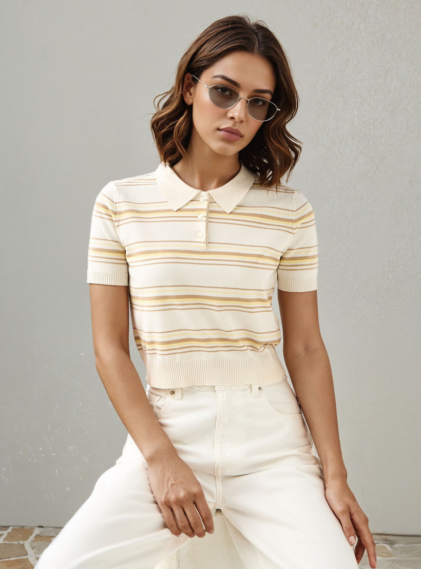 Lee Cooper Striped Linen Blend Polo T-shirt-women-clothing-tshirts-image-1
