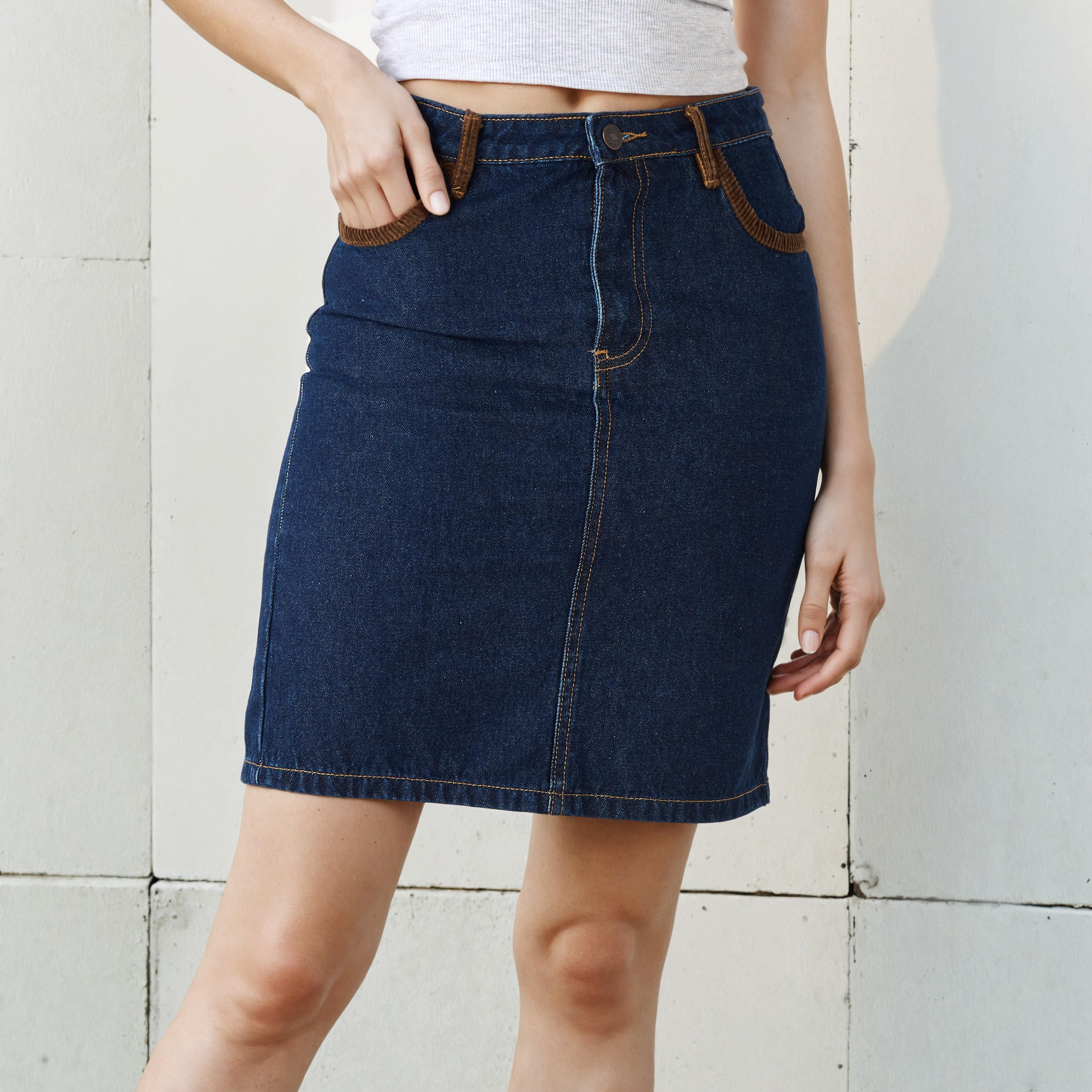Lee Cooper Corduroy Trim Mini Denim Skirt-women-clothing-bottoms-skirts-image-1