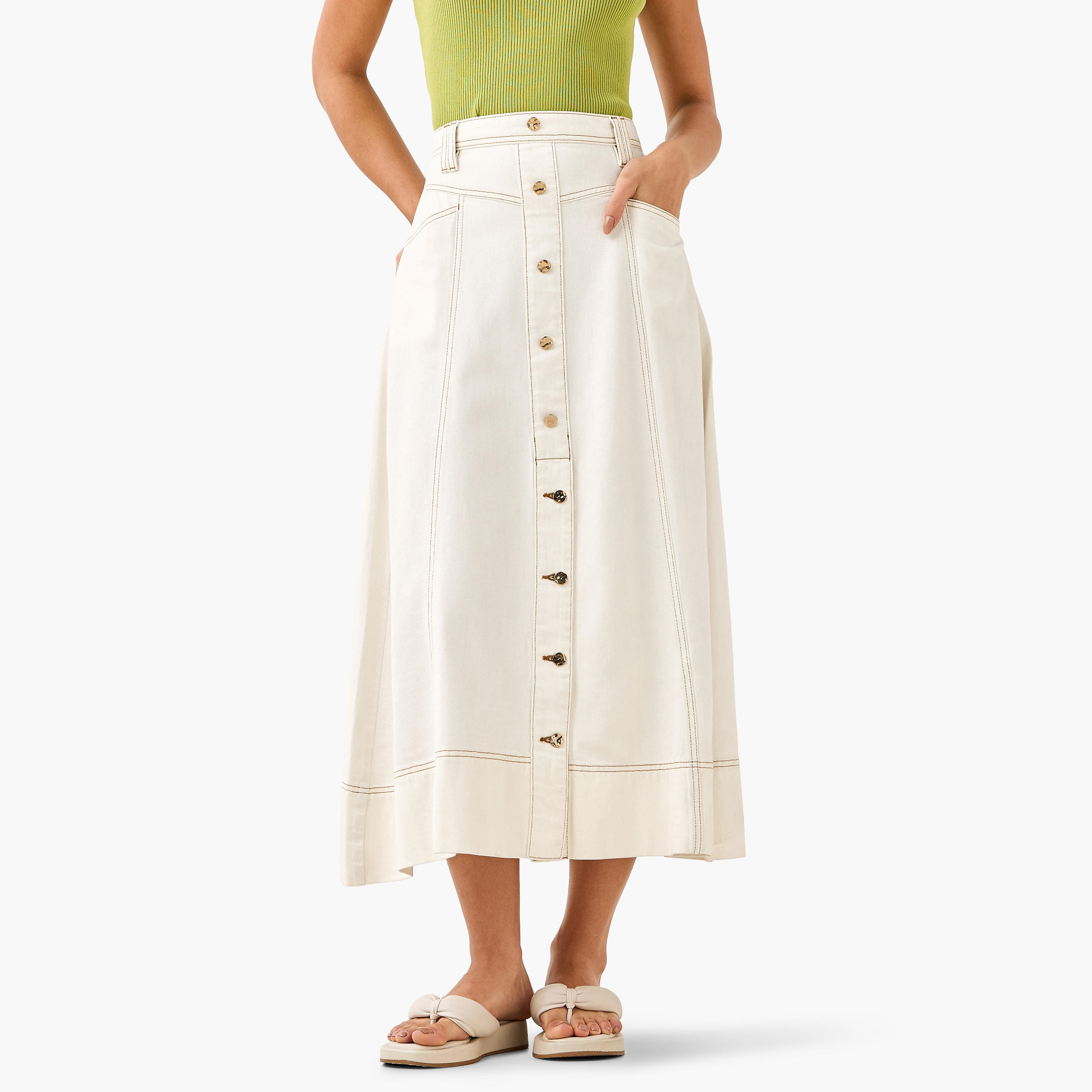 Lee Cooper Midi Cotton Denim A-line Skirt with Button Detail-women-clothing-bottoms-skirts-image-2