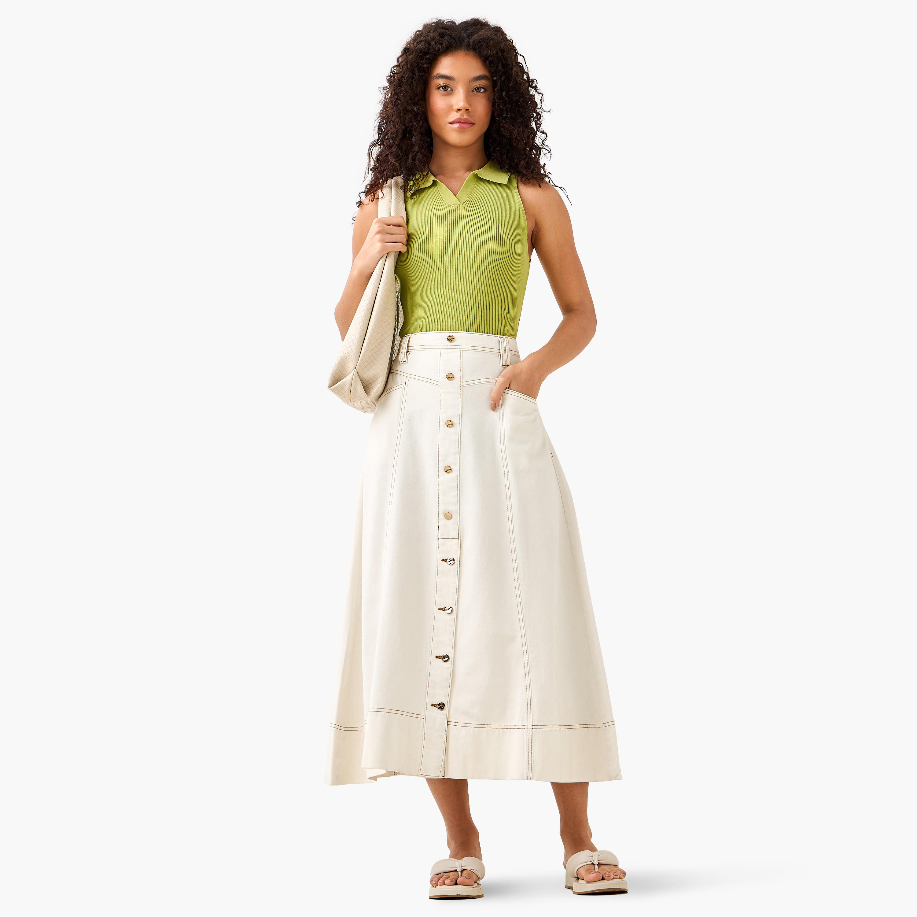 Lee Cooper Midi Cotton Denim A-line Skirt with Button Detail-women-clothing-bottoms-skirts-image-3