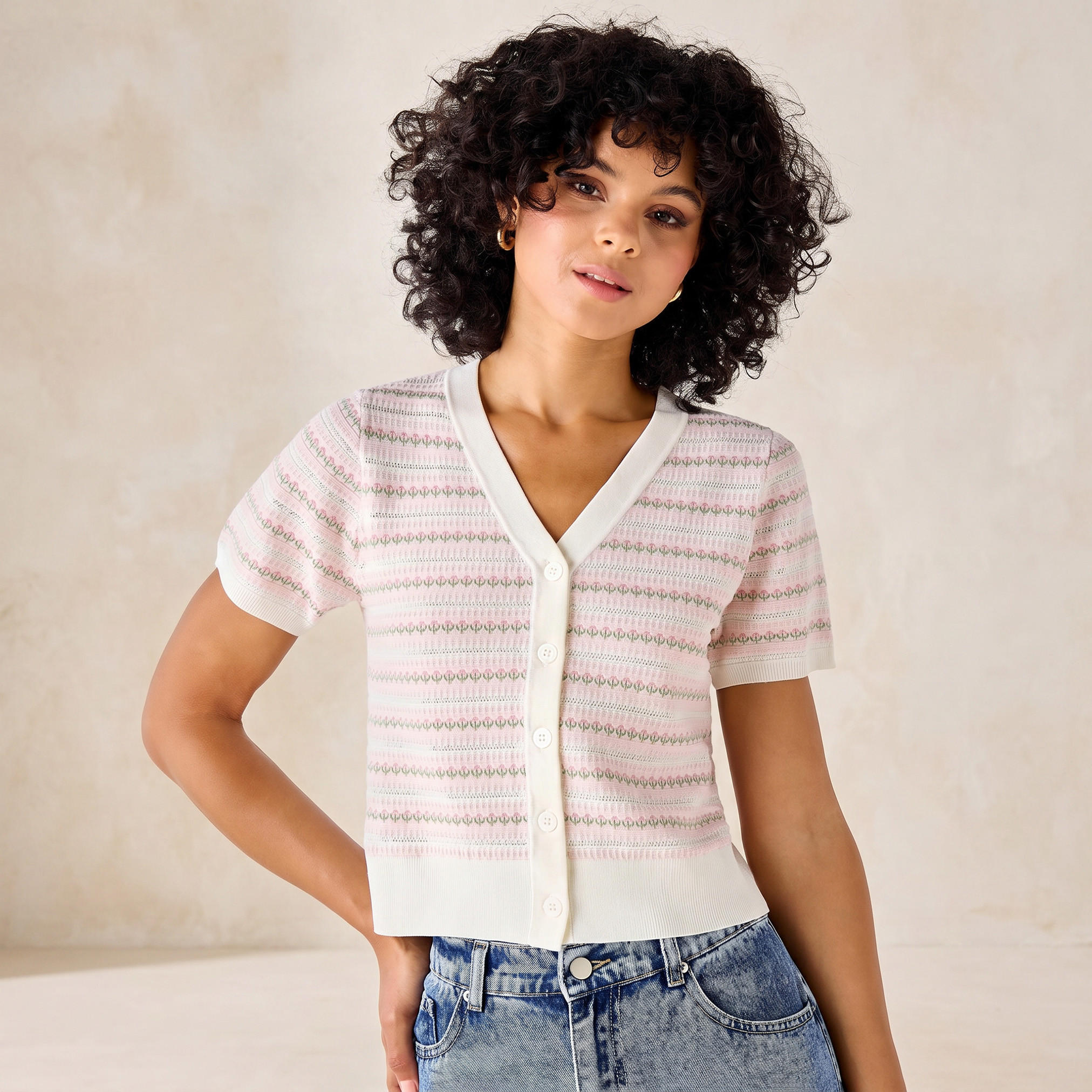 كارديجان مخطط بقصة عادية من لي كوبر-women-winterwear-cardigansandjumpers-cardigans-image-1