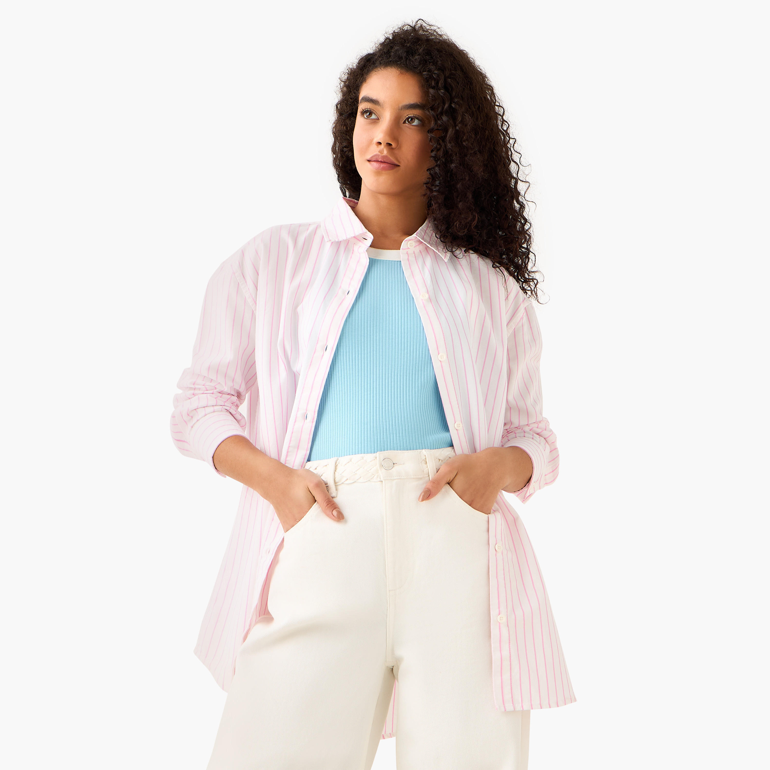 قميص أكسفورد قطن طويل مقلم من لي كوبر-women-clothing-shirtsandblouses-shirts-image-2