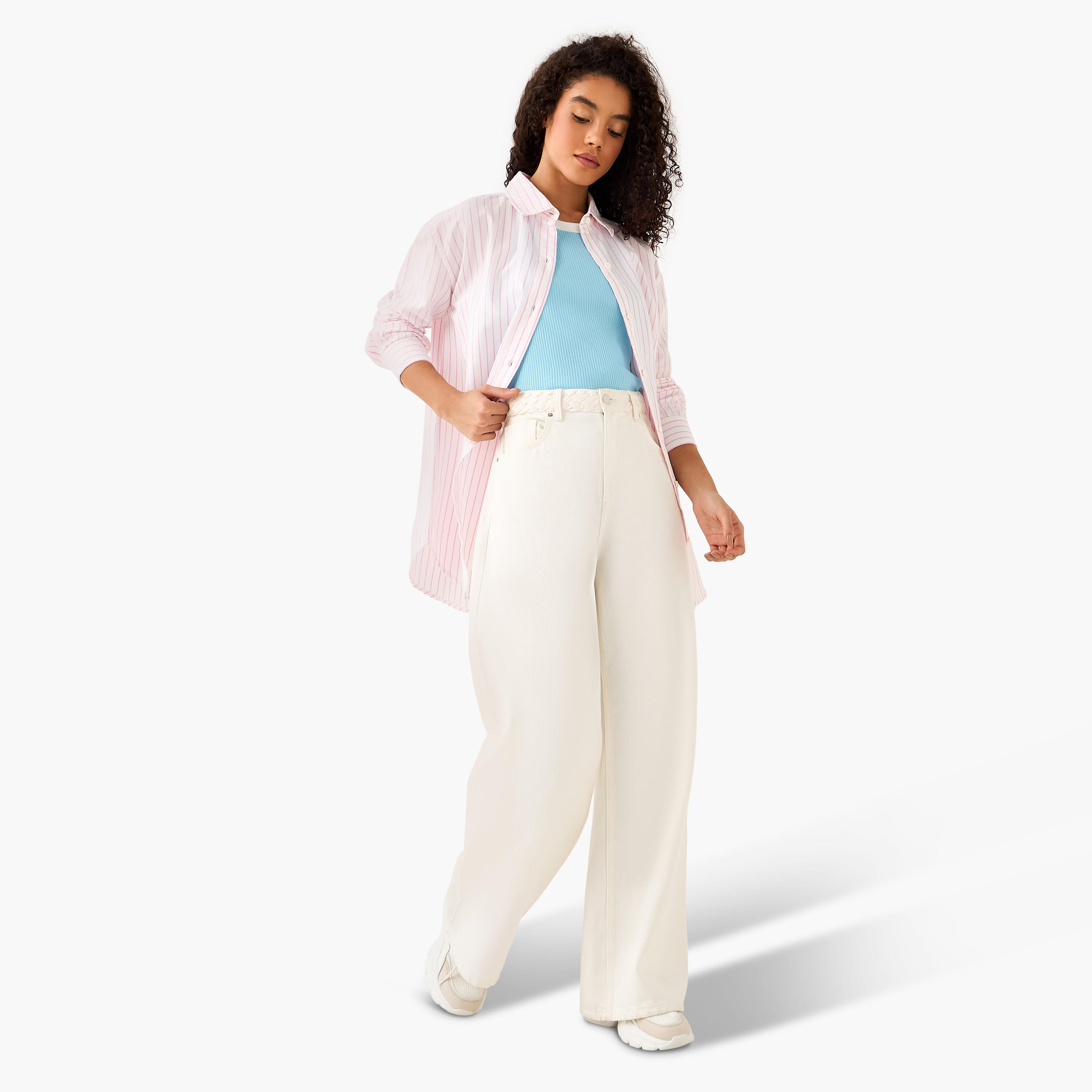 قميص أكسفورد قطن طويل مقلم من لي كوبر-women-clothing-shirtsandblouses-shirts-image-3