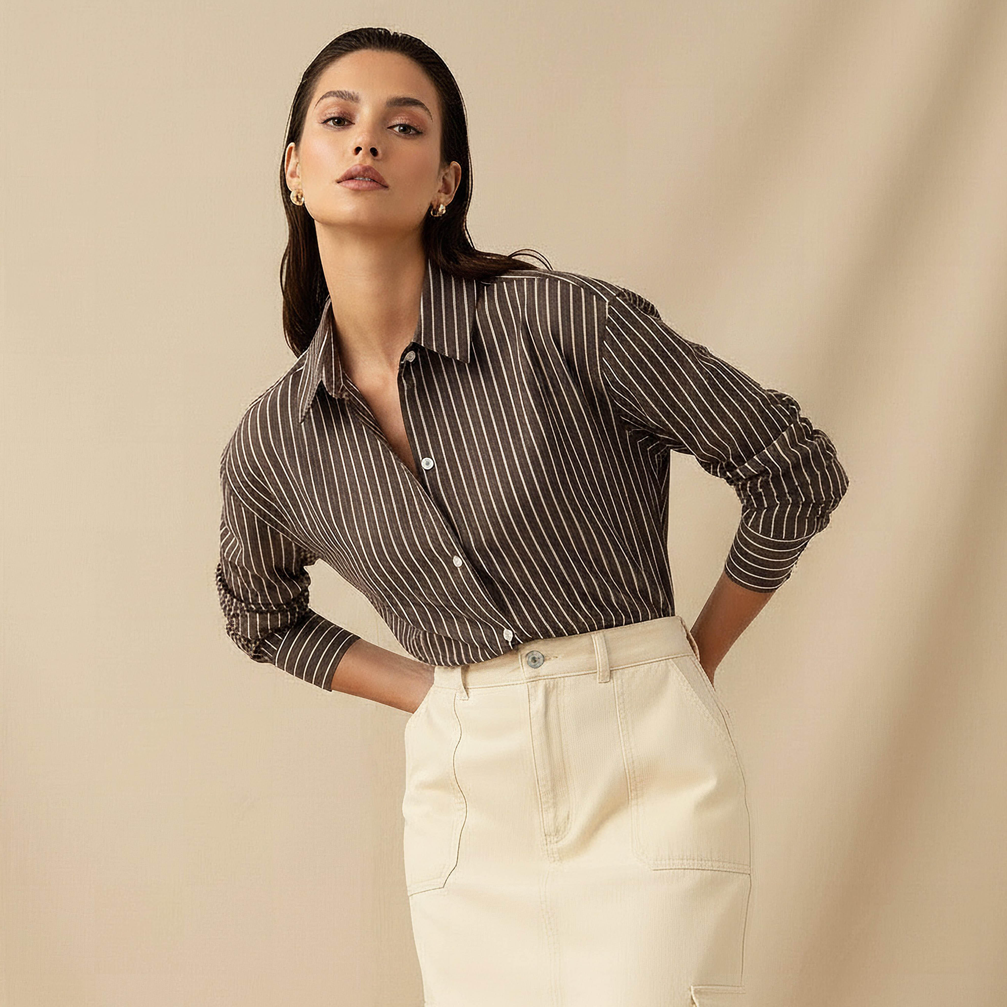 قميص أكسفورد قطن طويل مقلم من لي كوبر-women-clothing-shirtsandblouses-shirts-image-1