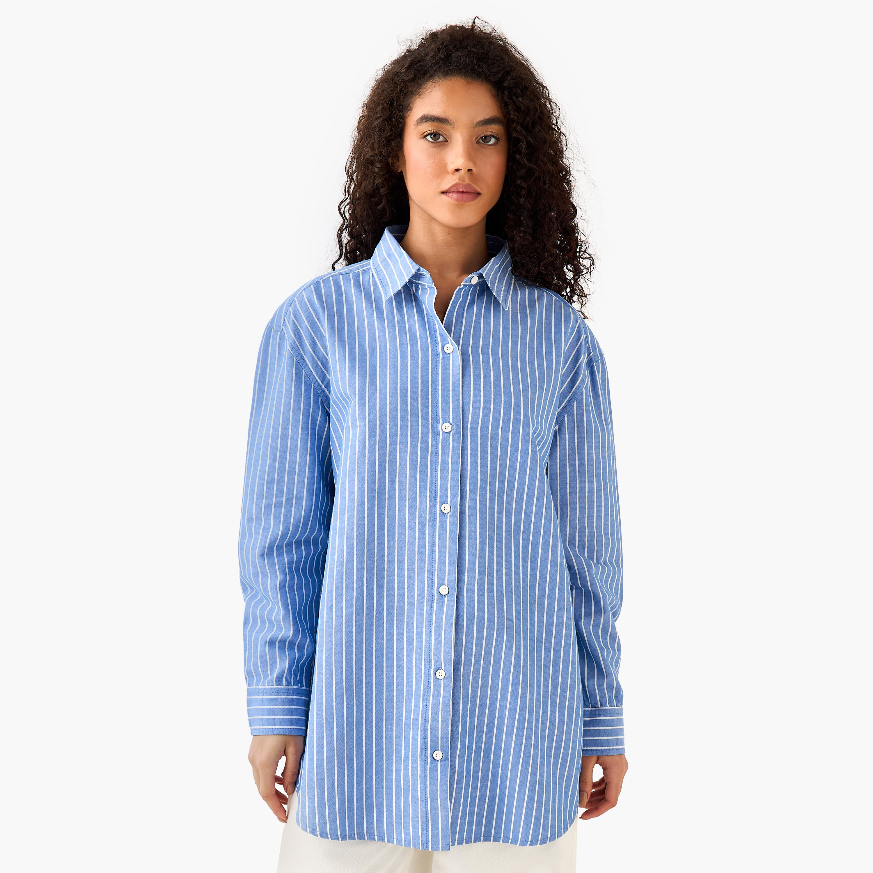 قميص أكسفورد قطن طويل مقلم من لي كوبر-women-clothing-shirtsandblouses-shirts-image-3