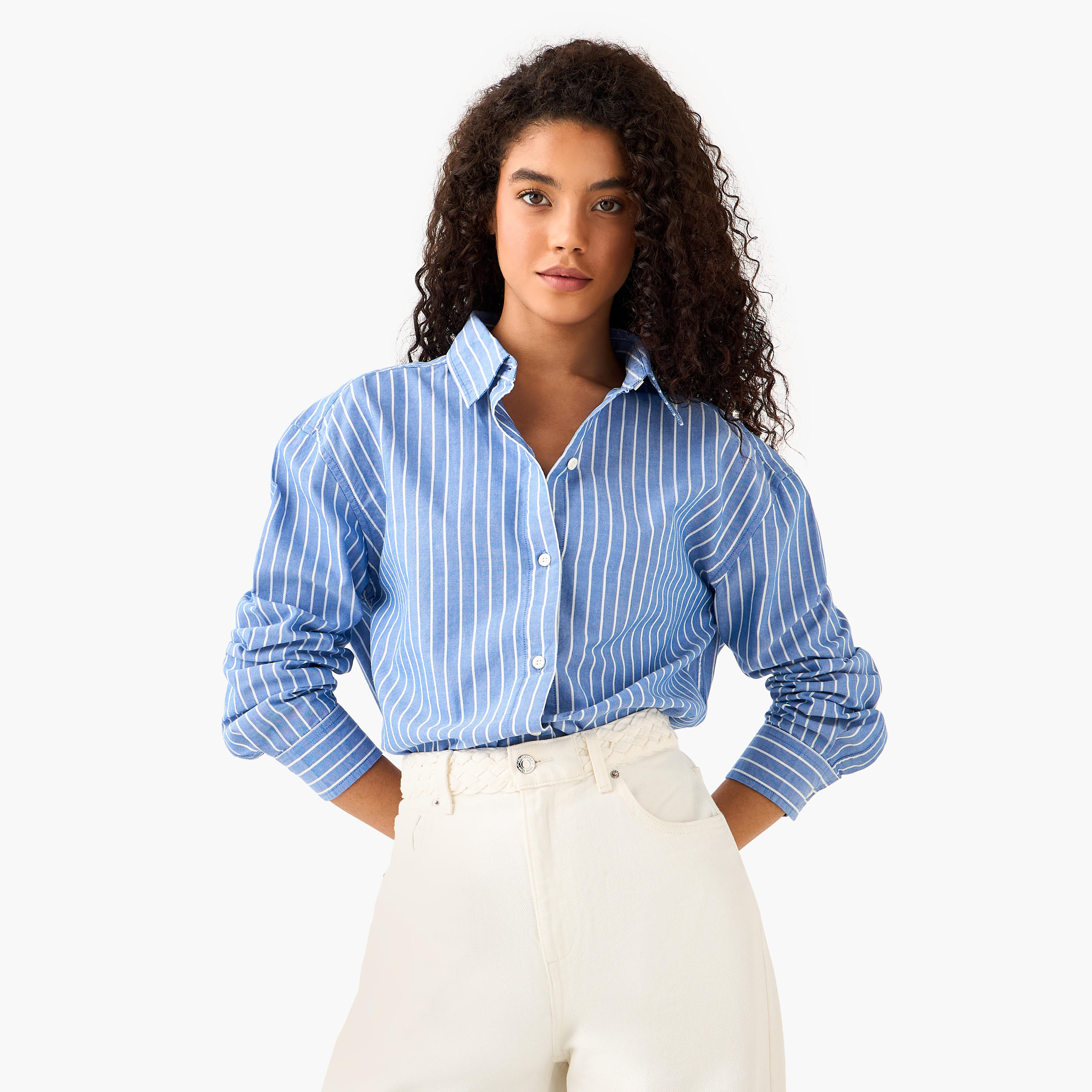 قميص أكسفورد قطن طويل مقلم من لي كوبر-women-clothing-shirtsandblouses-shirts-image-8