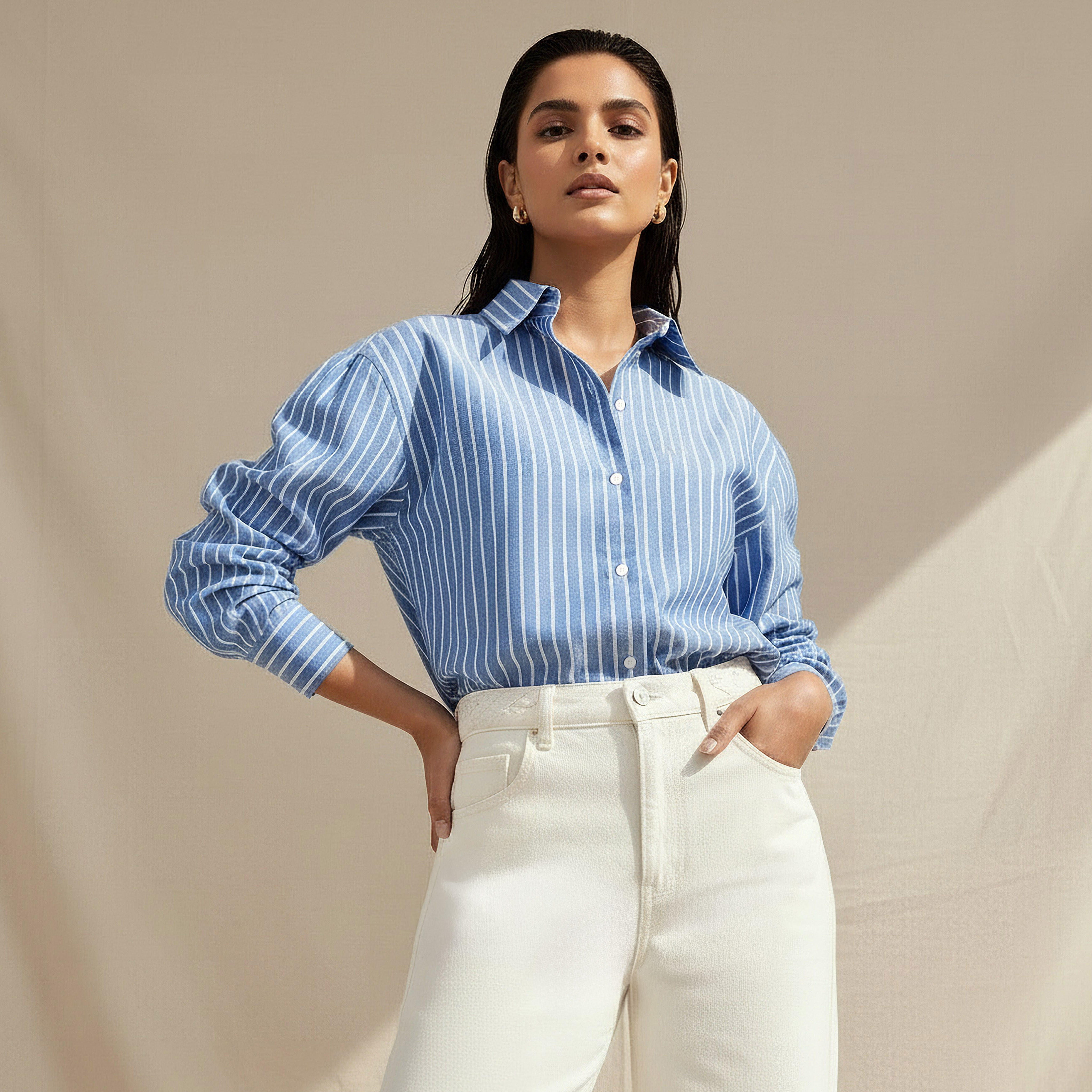 قميص أكسفورد قطن طويل مقلم من لي كوبر-women-clothing-shirtsandblouses-shirts-image-1