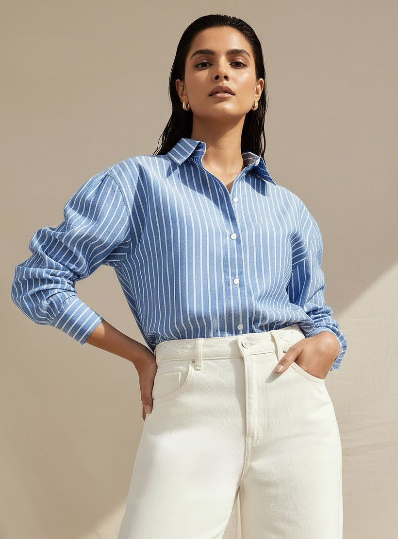 قميص أكسفورد قطن طويل مقلم من لي كوبر-women-clothing-shirtsandblouses-shirts-image-1
