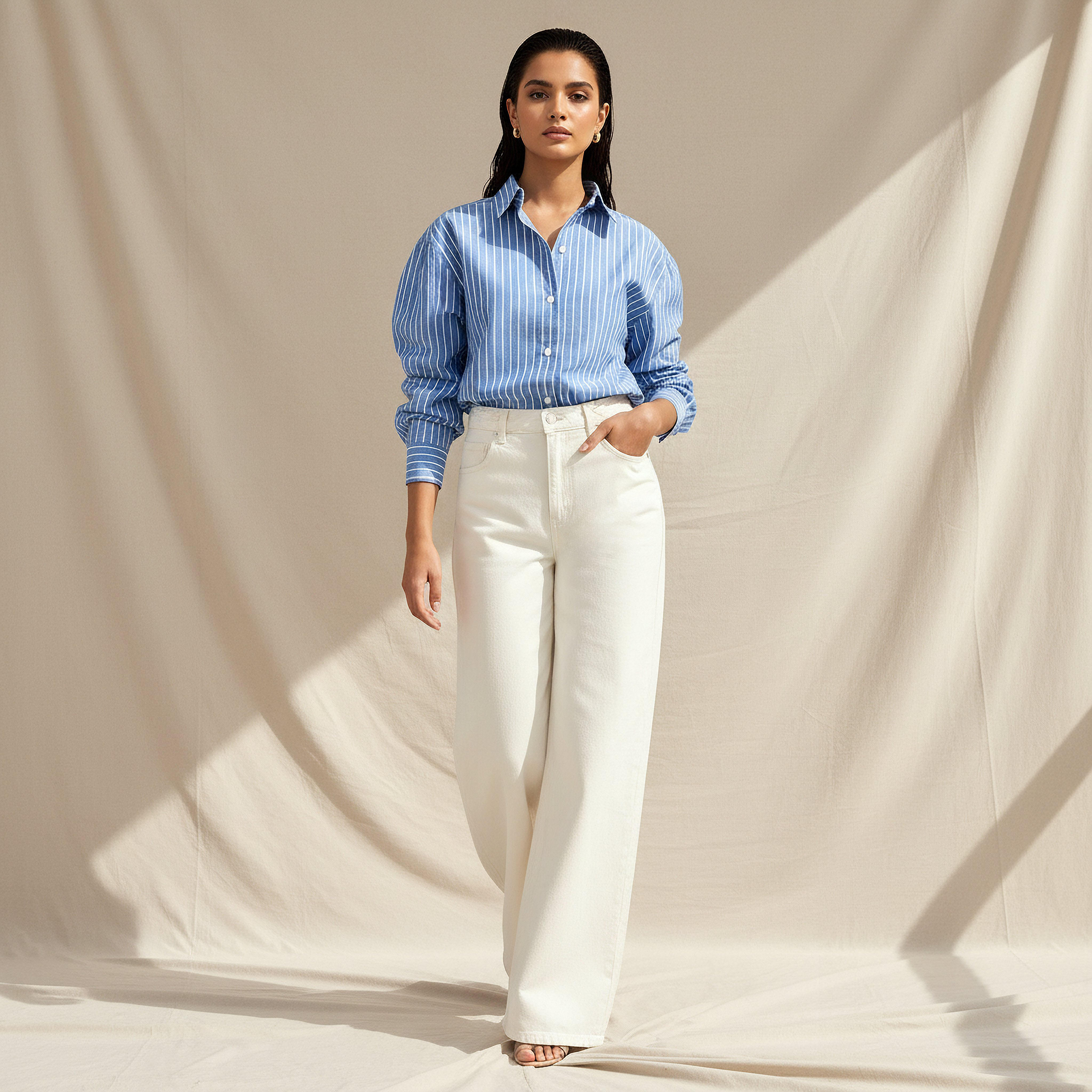 قميص أكسفورد قطن طويل مقلم من لي كوبر-women-clothing-shirtsandblouses-shirts-image-2