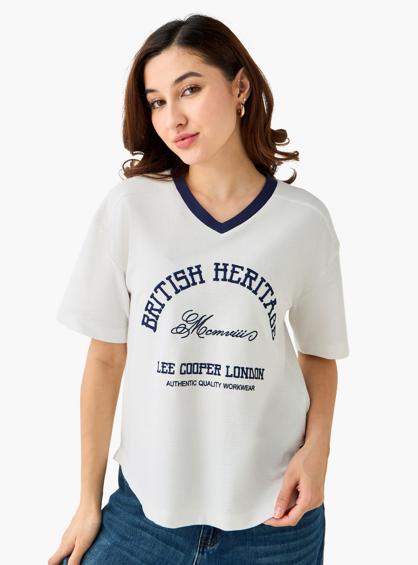 Lee Cooper Regular Fit T-shirt with Logo Embroidery and V-neck-women-clothing-tshirts-image-2