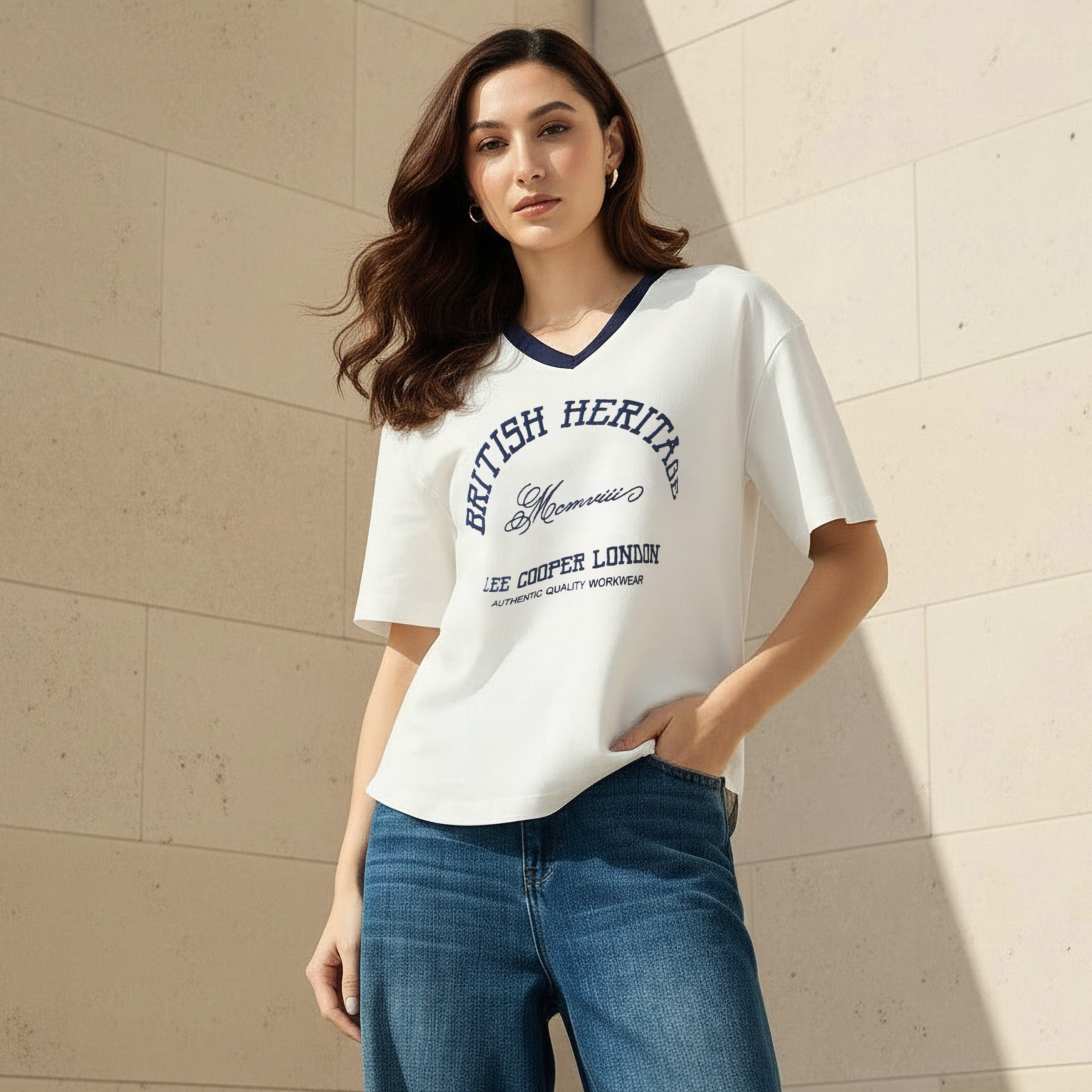 Lee Cooper Regular Fit T-shirt with Logo Embroidery and V-neck-women-clothing-tshirts-image-1