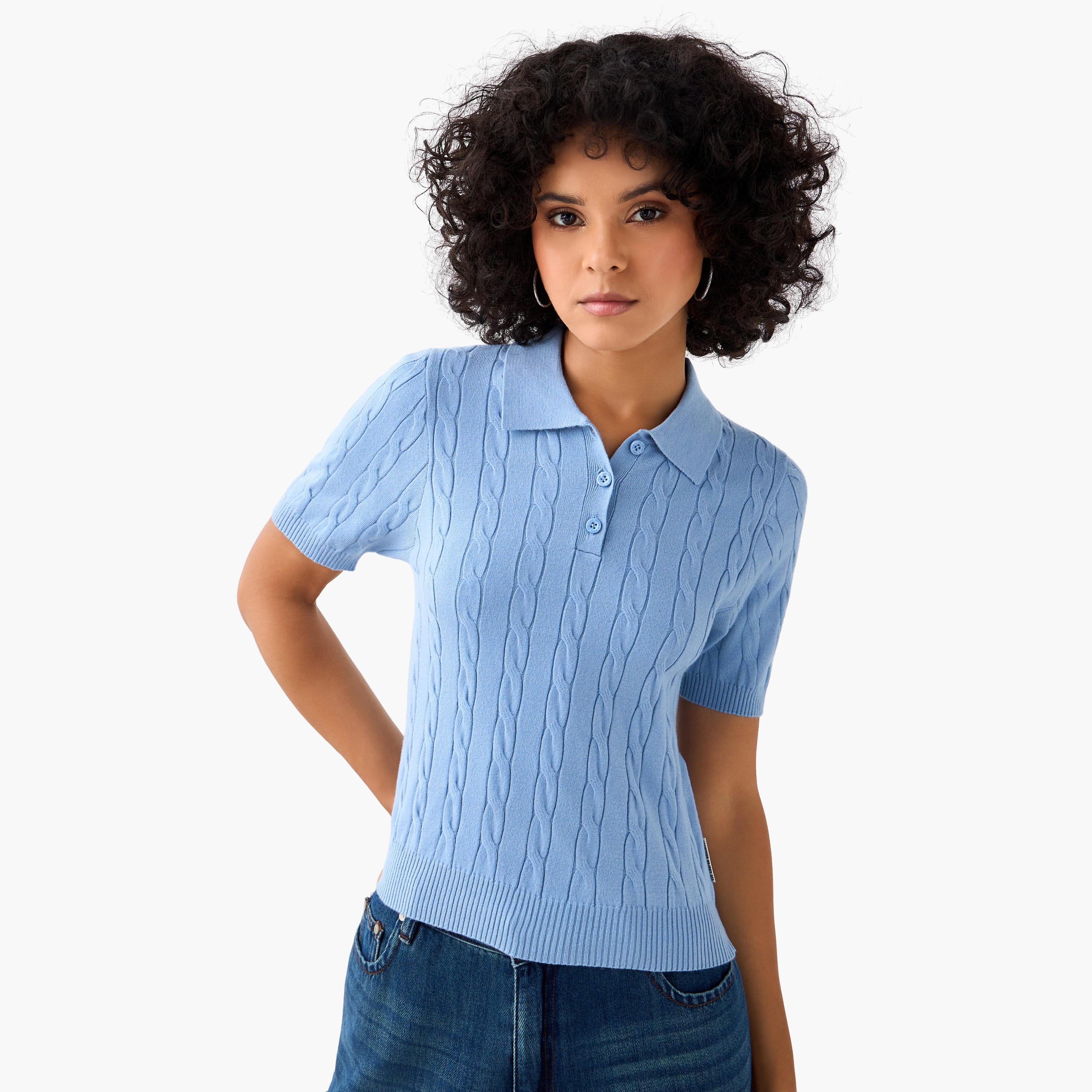 Lee Cooper Regular Fit Polo T-shirt with Cable Knit Design-women-clothing-tshirts-image-3