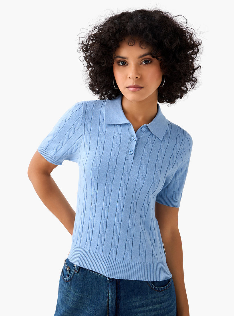 Lee Cooper Regular Fit Polo T-shirt with Cable Knit Design-women-clothing-tshirts-image-3