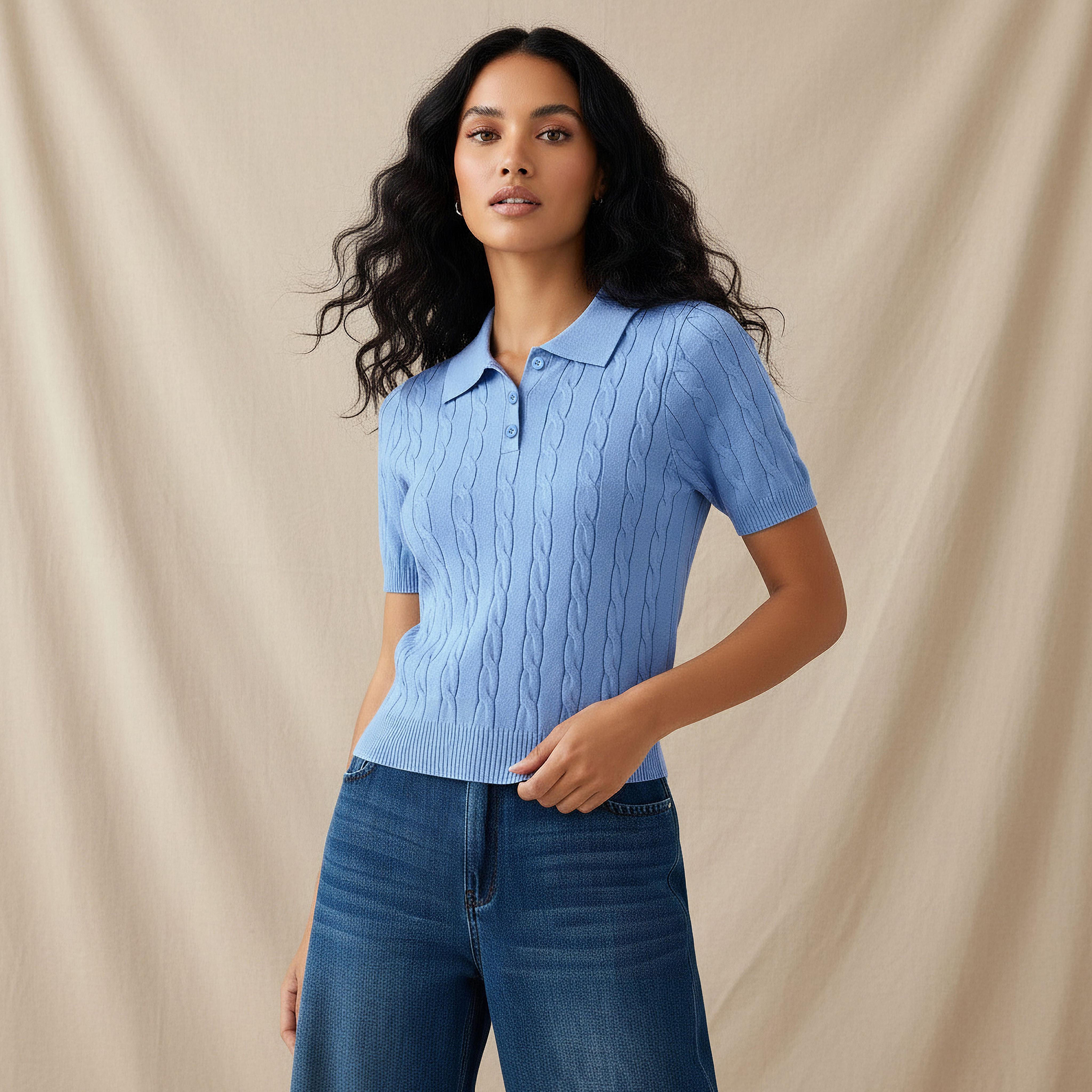 Lee Cooper Regular Fit Polo T-shirt with Cable Knit Design-women-clothing-tshirts-image-1