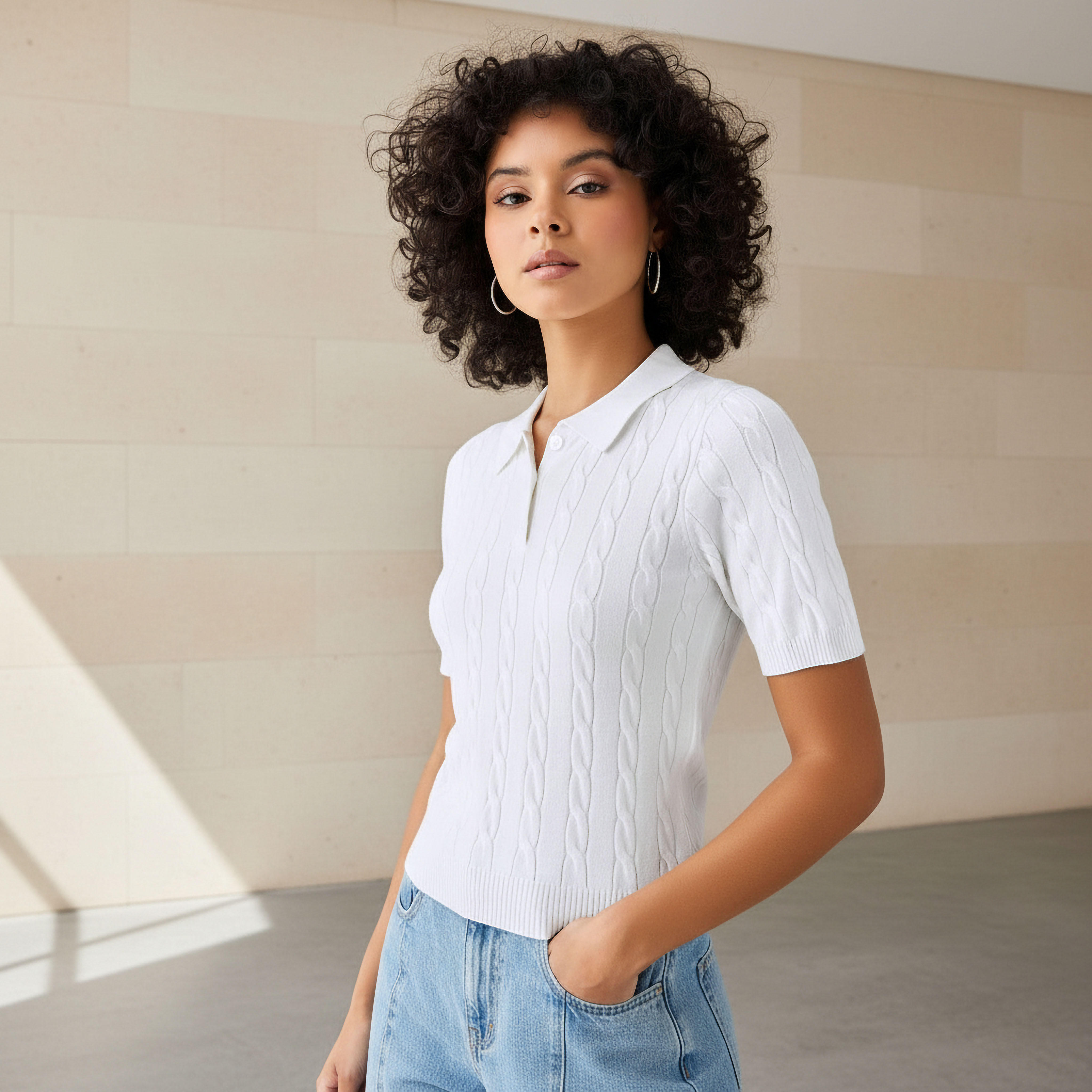 Lee Cooper Regular Fit Polo T-shirt with Cable Knit Design-women-clothing-tshirts-image-1