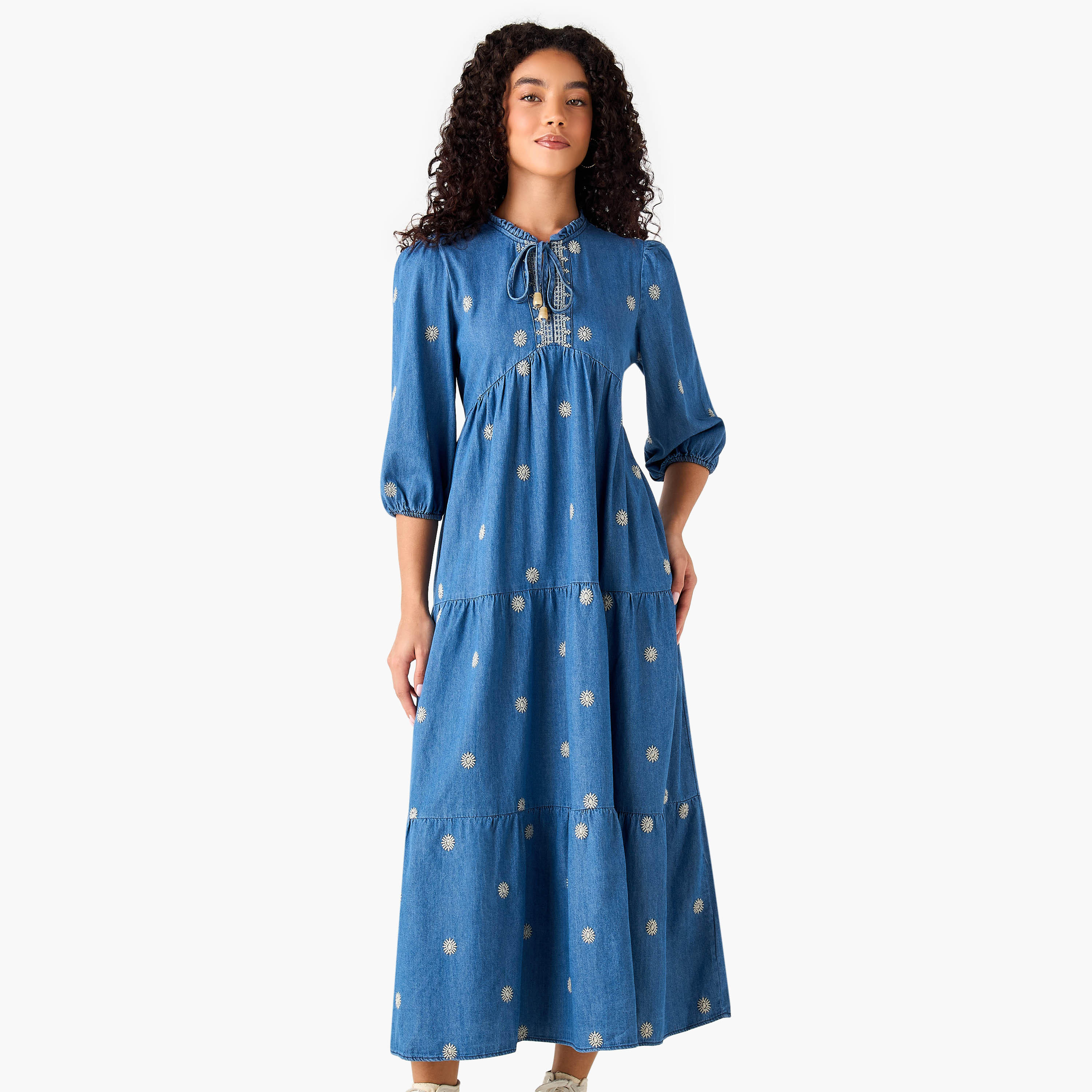 Lee Cooper Embroidered Midi Denim Dress with Tie-Up Neck-women-clothing-dresses-image-2