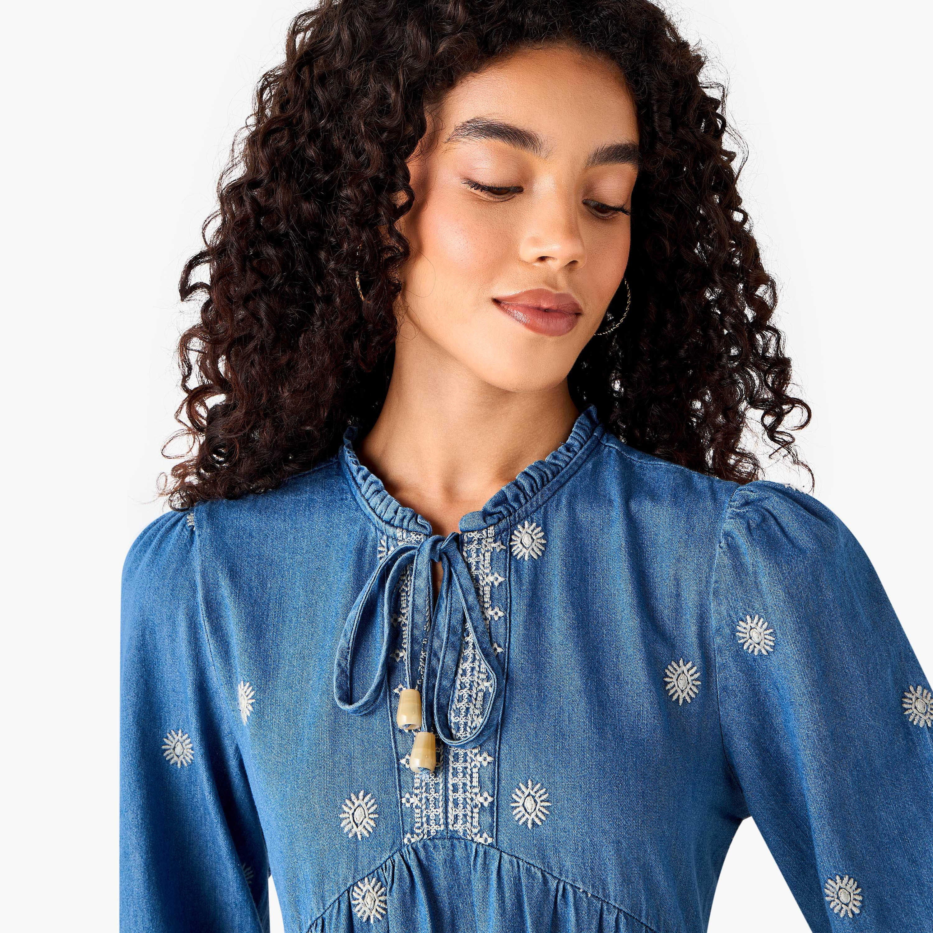 Lee Cooper Embroidered Midi Denim Dress with Tie-Up Neck-women-clothing-dresses-image-5