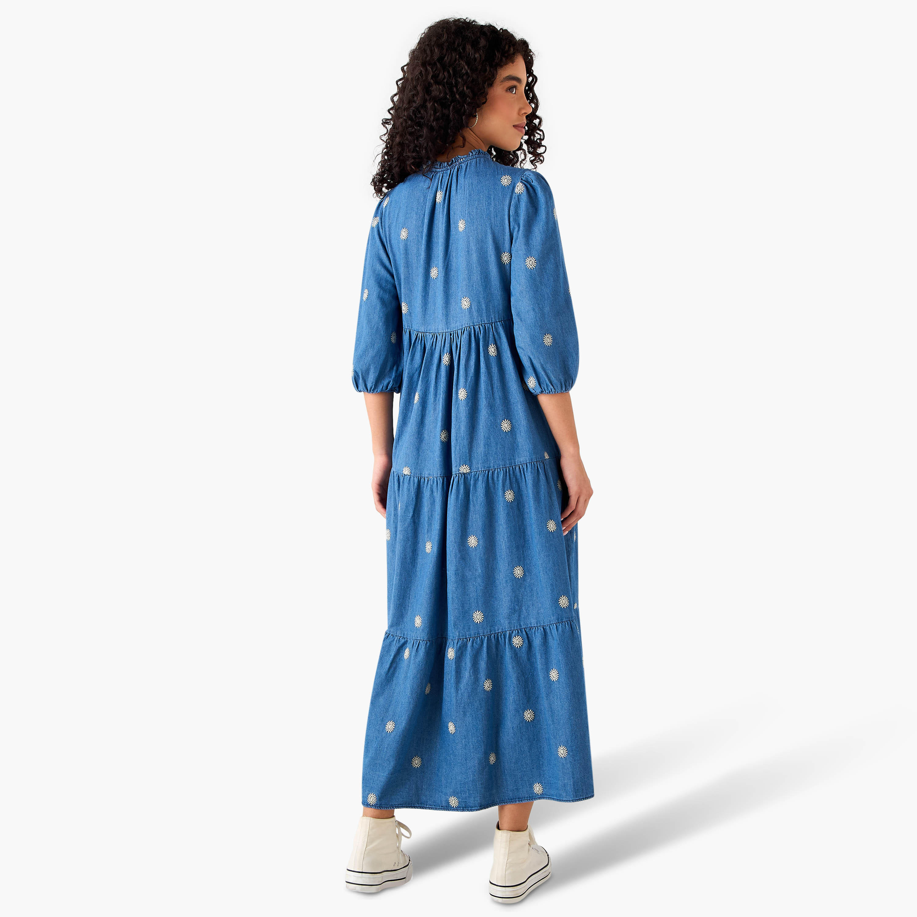 Lee Cooper Embroidered Midi Denim Dress with Tie-Up Neck-women-clothing-dresses-image-4
