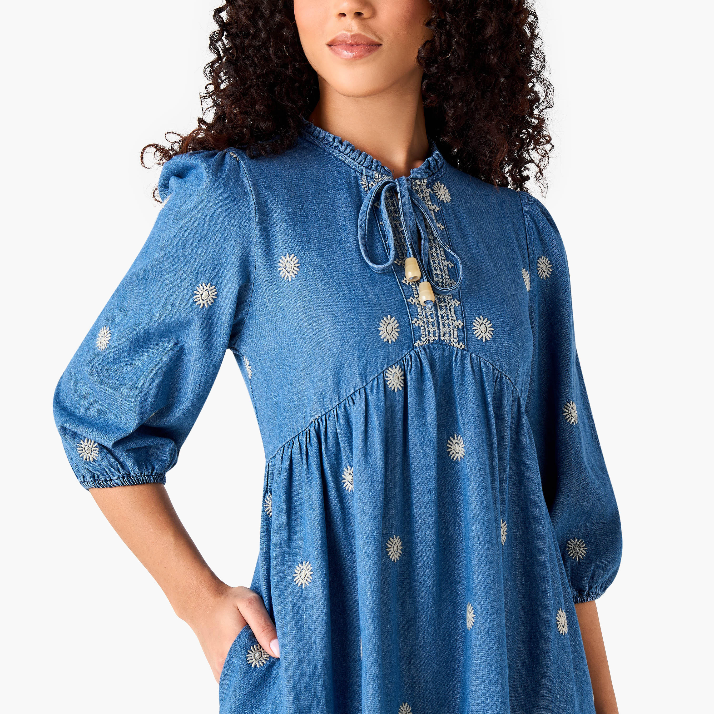 Lee Cooper Embroidered Midi Denim Dress with Tie-Up Neck-women-clothing-dresses-image-3