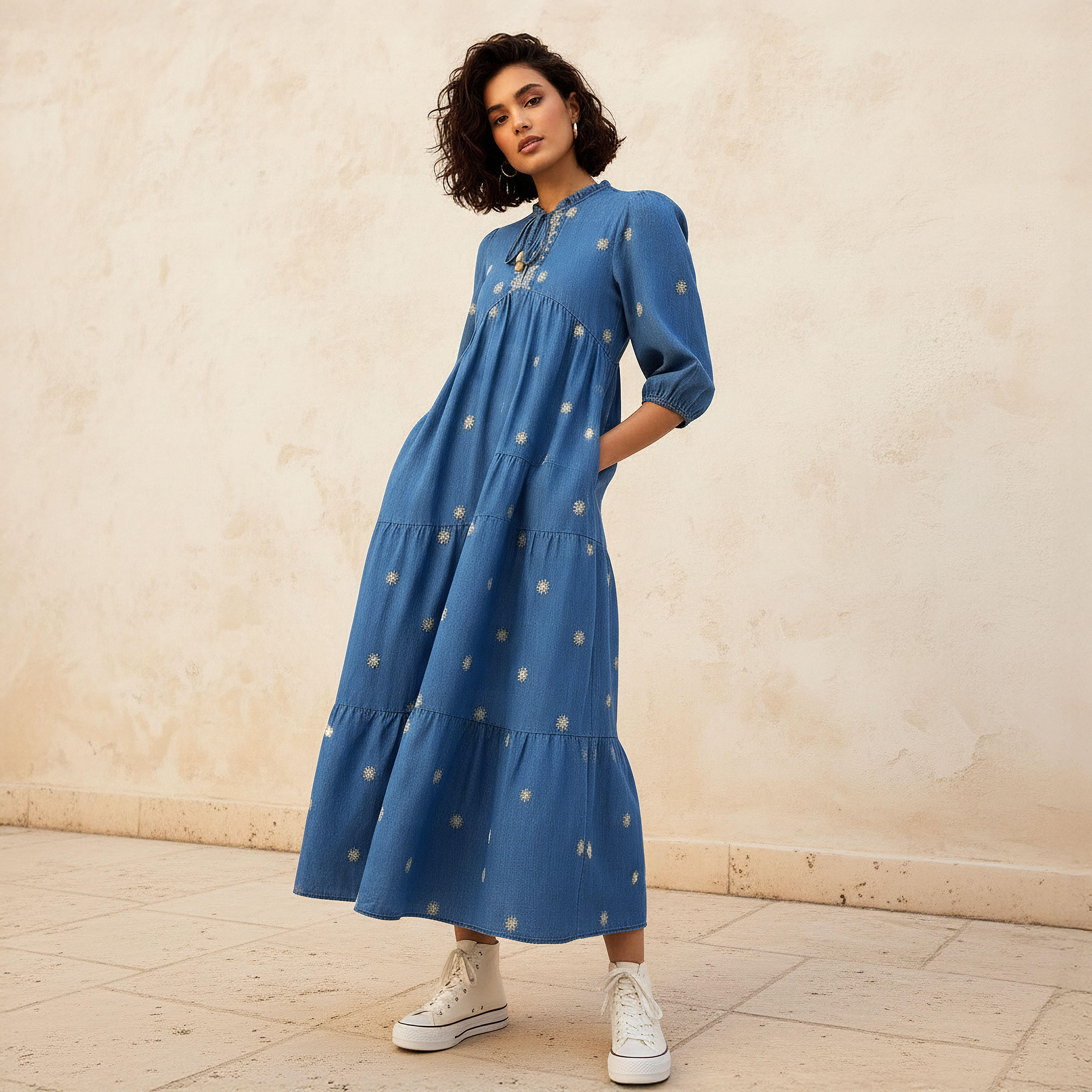 Lee Cooper Embroidered Midi Denim Dress with Tie-Up Neck-women-clothing-dresses-image-1