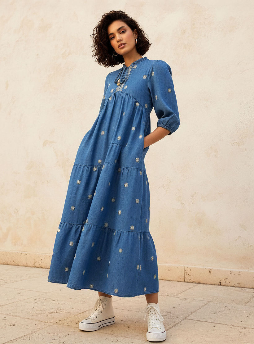 Lee Cooper Embroidered Midi Denim Dress with Tie-Up Neck-women-clothing-dresses-image-1