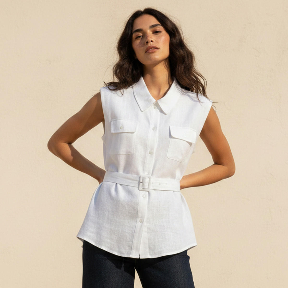 قميص قطني عملي بحزام من لي كوبر-women-clothing-shirtsandblouses-shirts-image-1