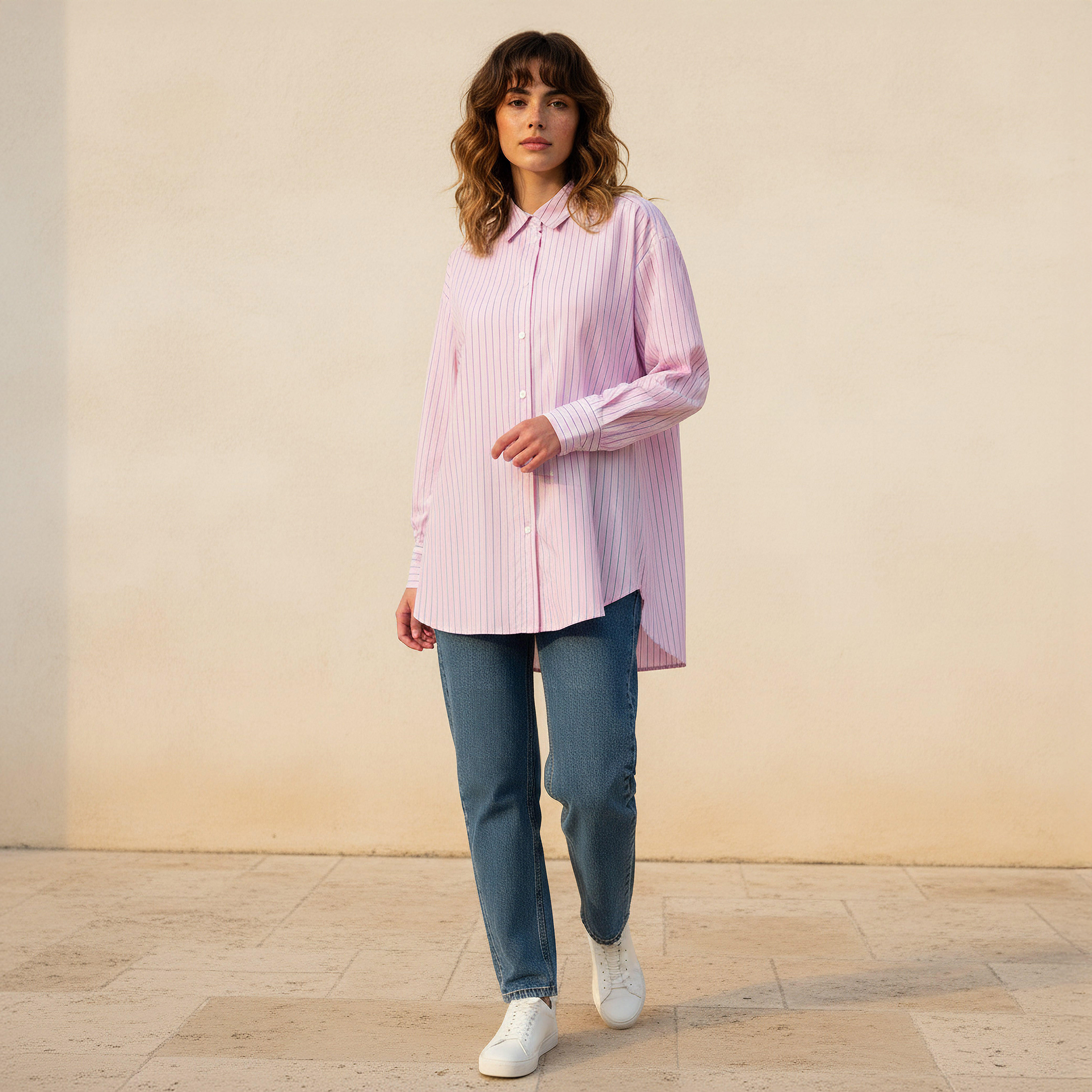Lee Cooper Regular Fit Striped Longline Shirt with Long Sleeves-women-clothing-shirtsandblouses-shirts-image-3