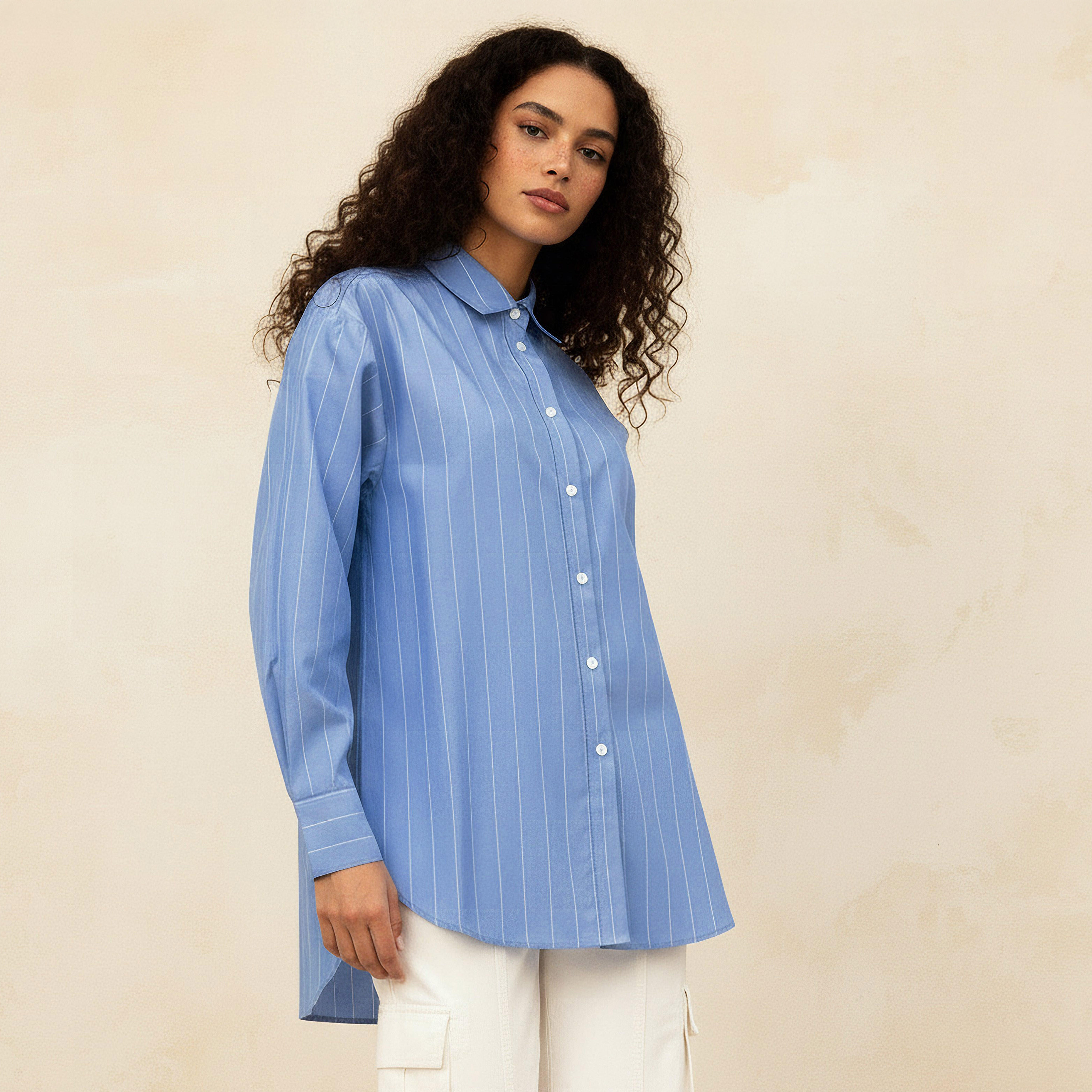 Lee Cooper Regular Fit Striped Longline Shirt with Long Sleeves-women-clothing-shirtsandblouses-shirts-image-1