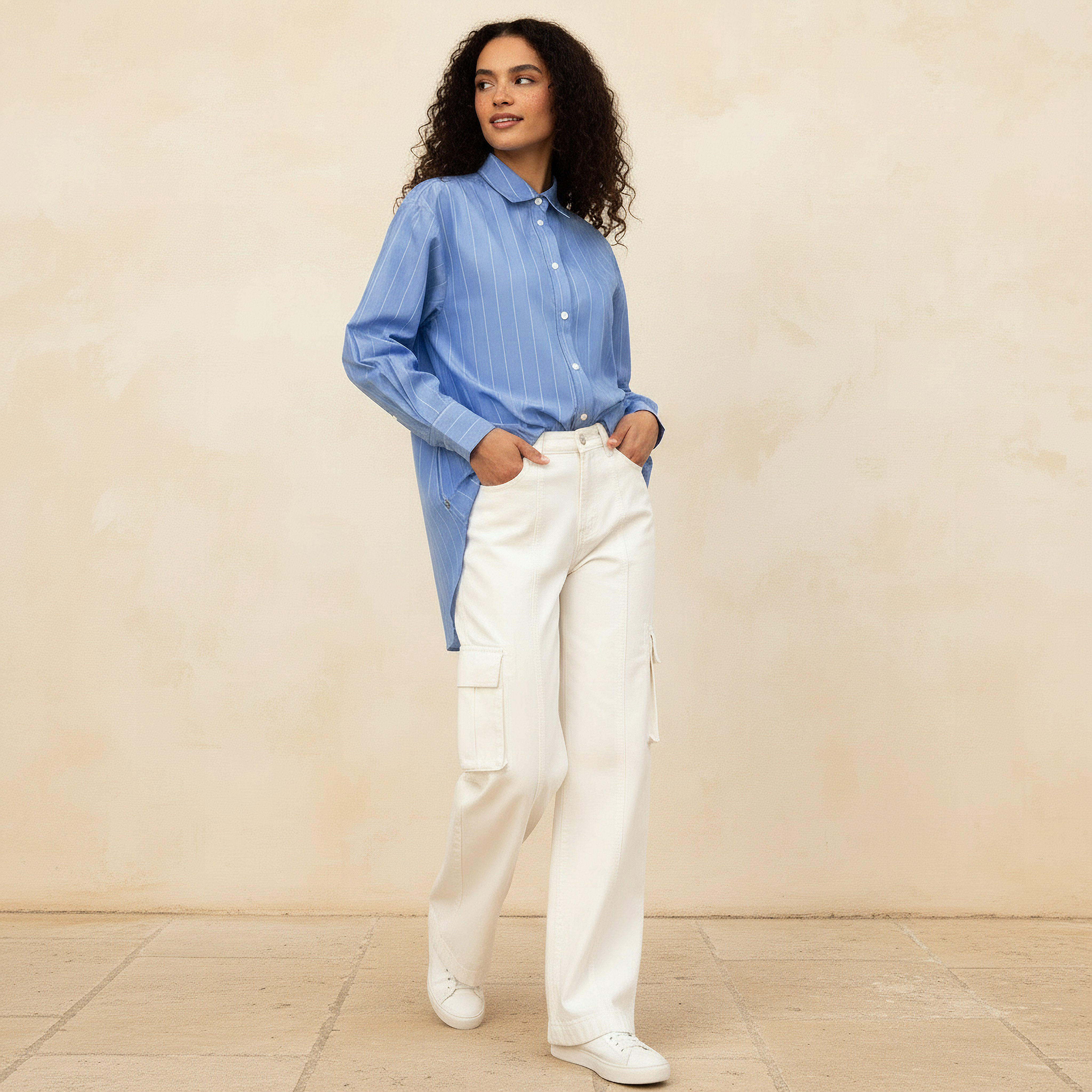 Lee Cooper Regular Fit Striped Longline Shirt with Long Sleeves-women-clothing-shirtsandblouses-shirts-image-3