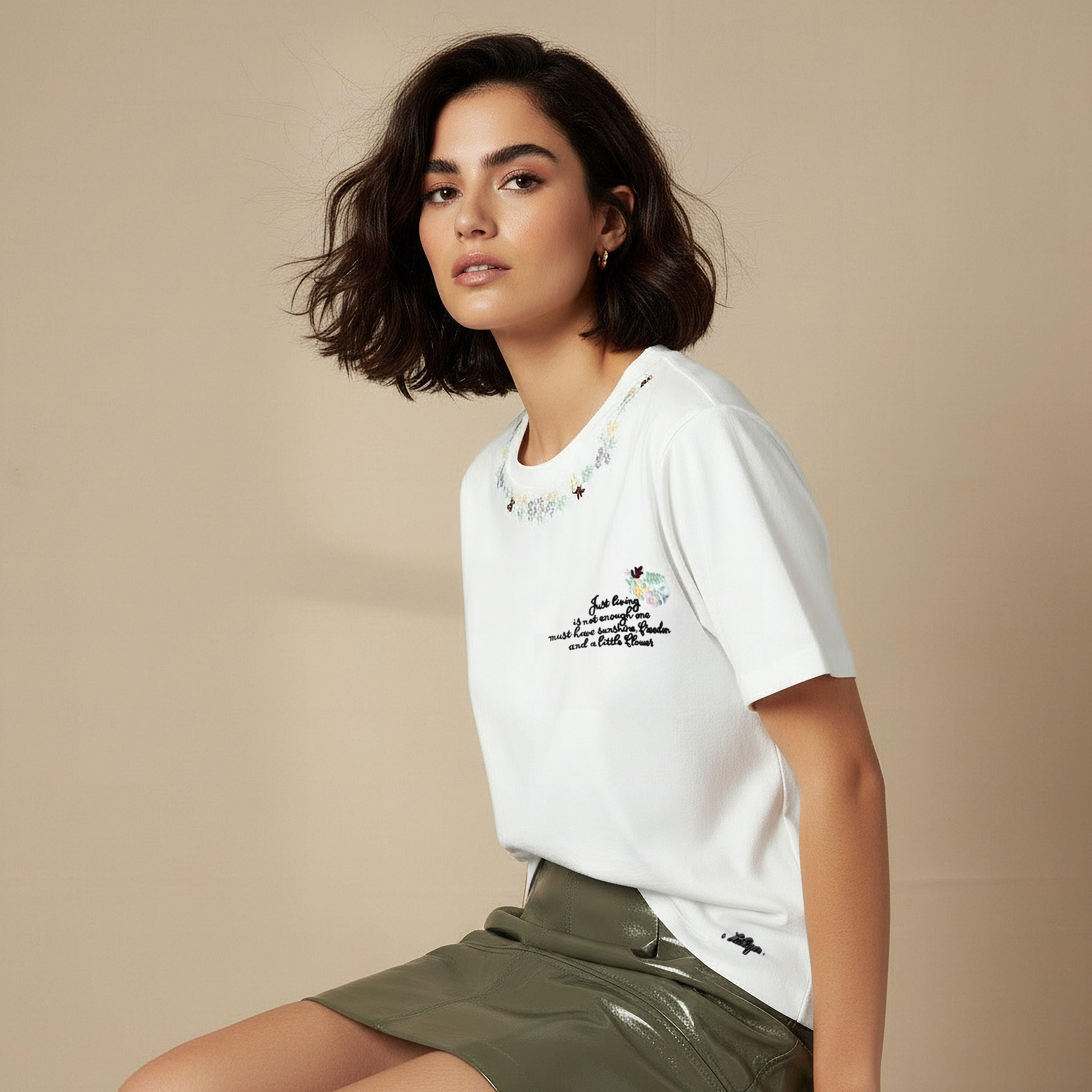 Lee Cooper Cotton T-shirt with Floral Slogan Embroidery-women-clothing-tshirts-image-1